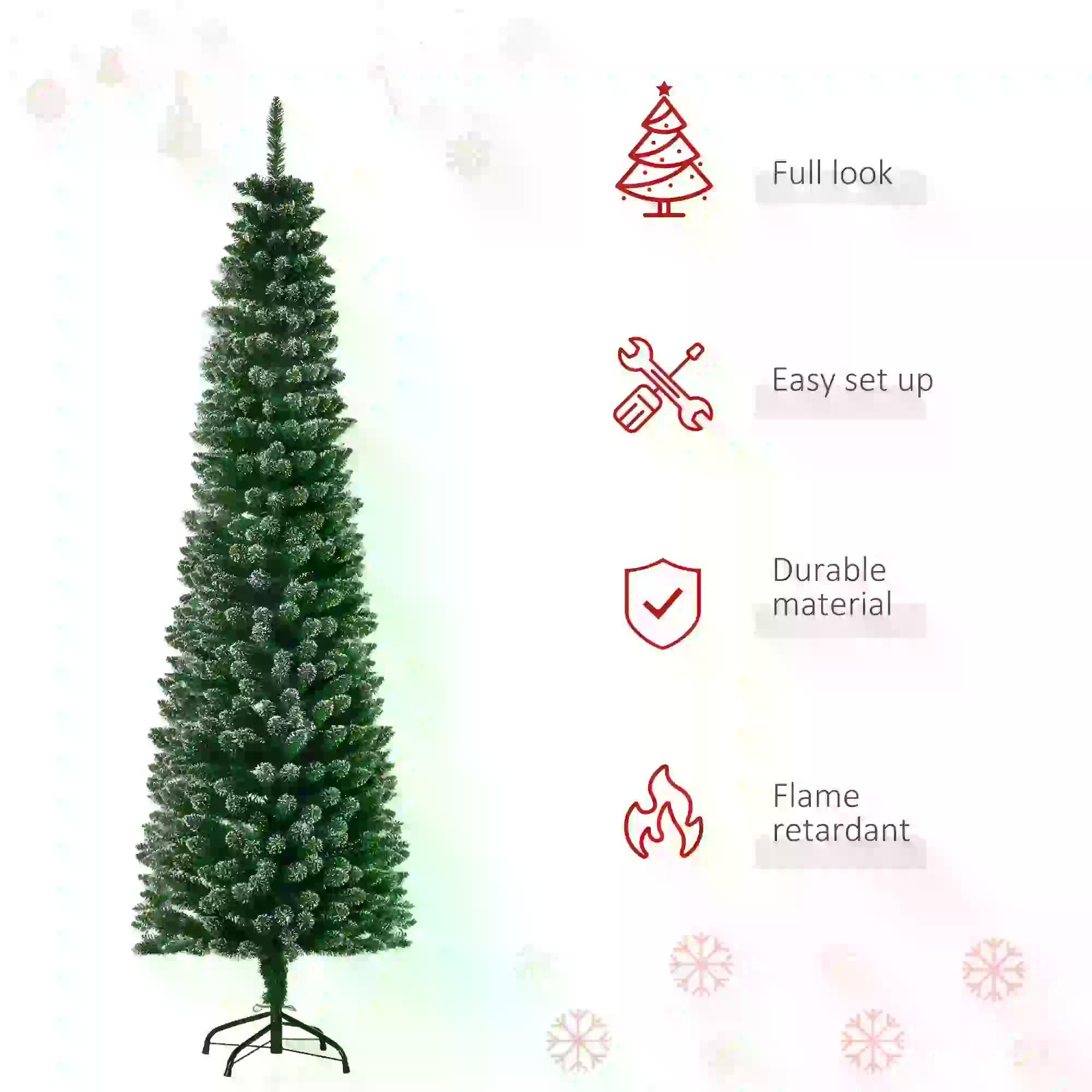 HOMCOM 6FT Artificial Snow Dipped Christmas Tree Xmas Pencil Tree Holiday Home Indoor Decoration with Foldable Black Stand, Green