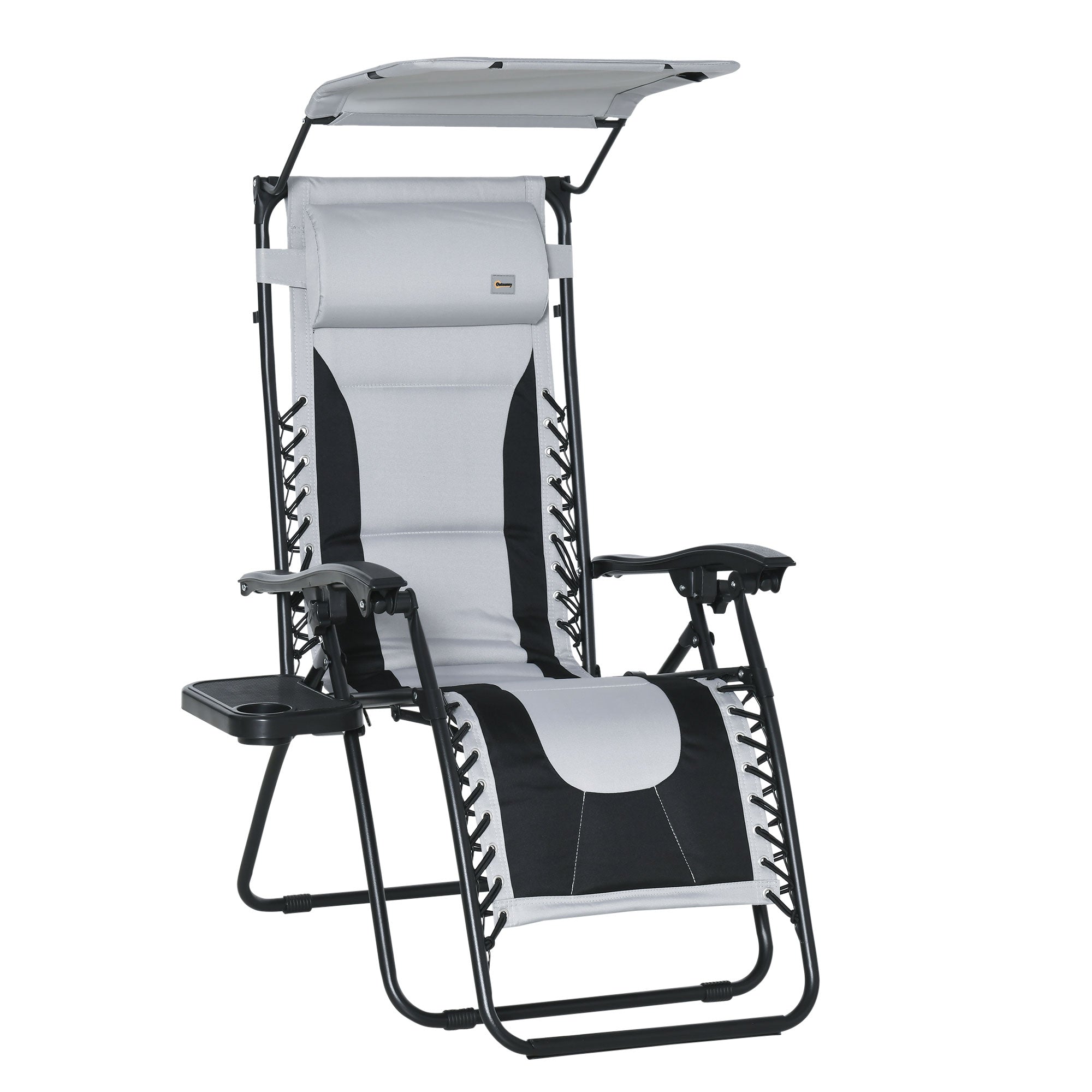 Outsunny Zero Gravity Lounger Chair, Folding Reclining Patio Chair with Shade Cover, Cup Holder, Soft Cushion and Headrest for Poolside, Camping, Grey - North Peak Garden Furniture