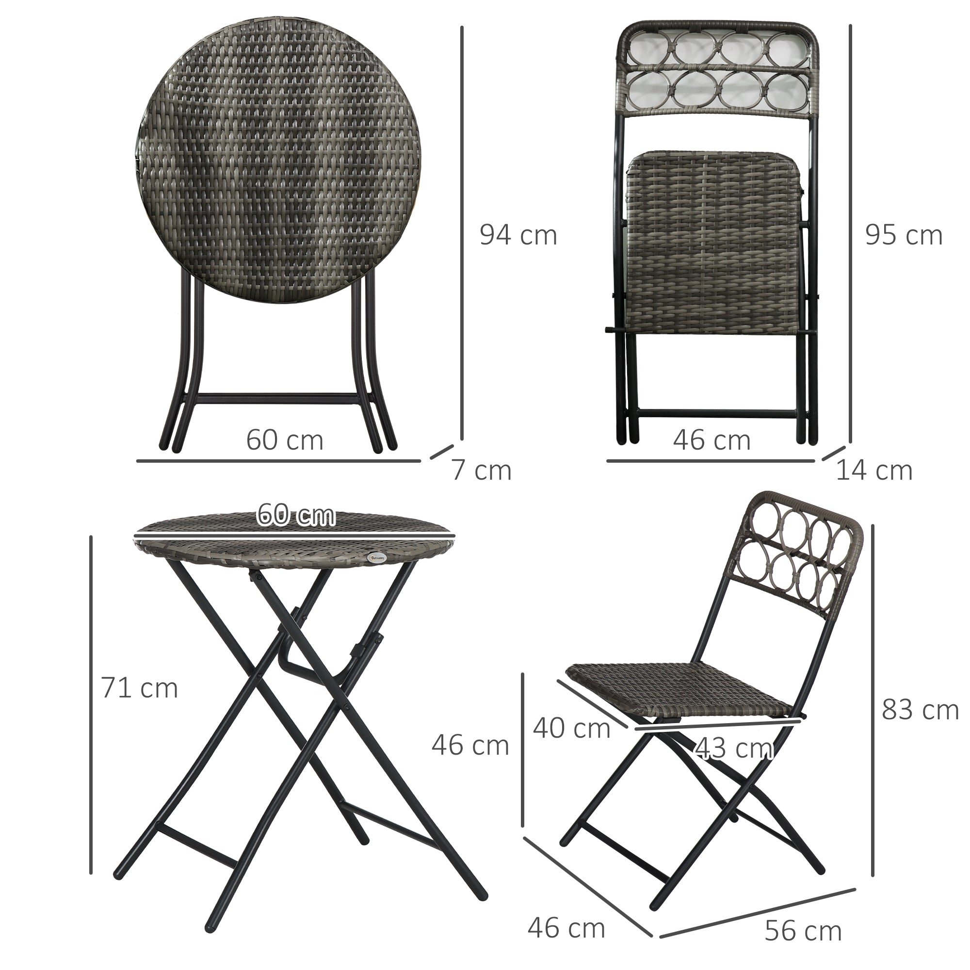 Outsunny 3 Pieces Rattan Bistro Set, Wicker Folding Garden Furniture Set with Coffee Table and Chairs for Outdoor, Patio, Balcony, Grey - North Peak Garden Furniture