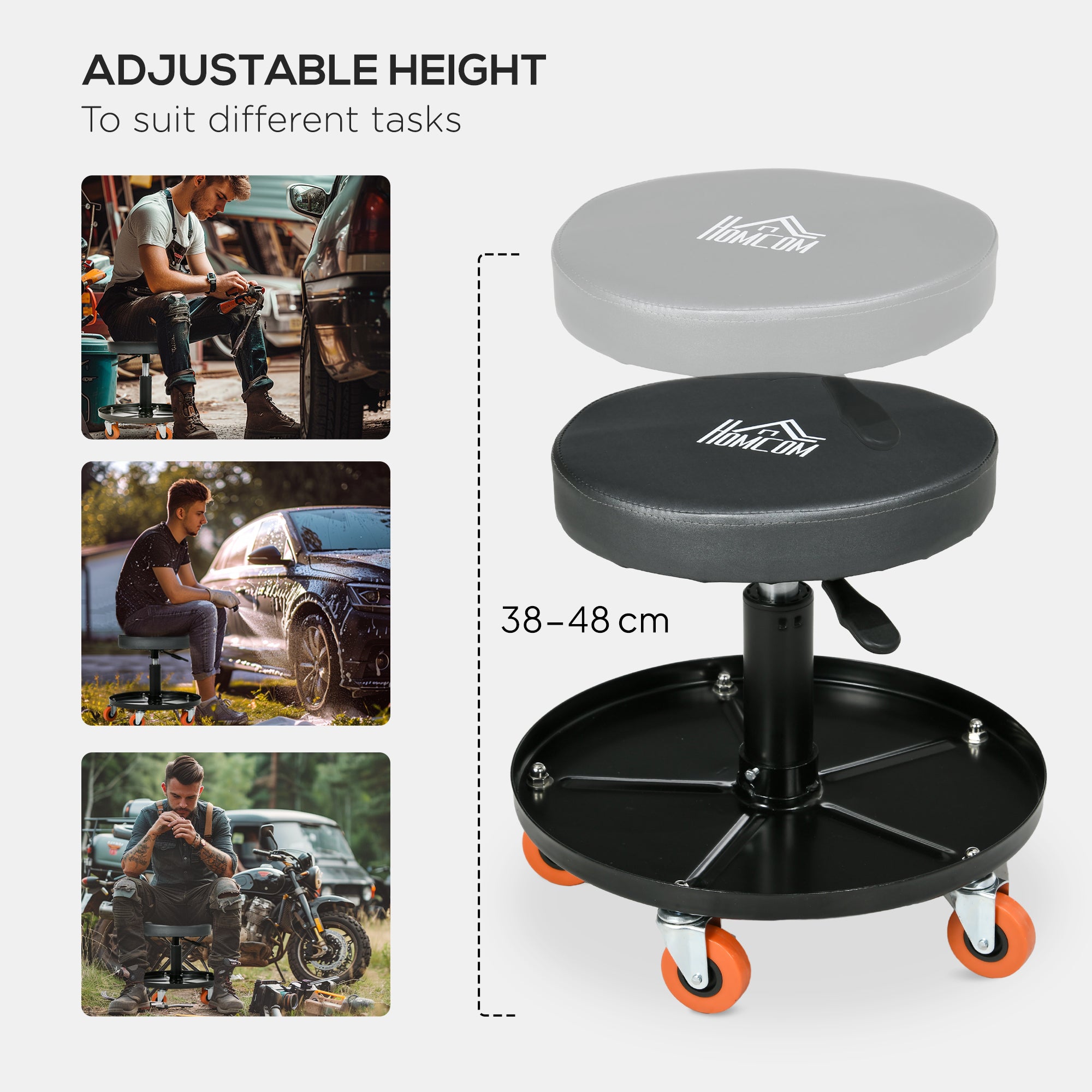 HOMCOM Workshop Stool, Pneumatic Adjustable Mechanic Stool, with Tool Tray, Wheels - Black