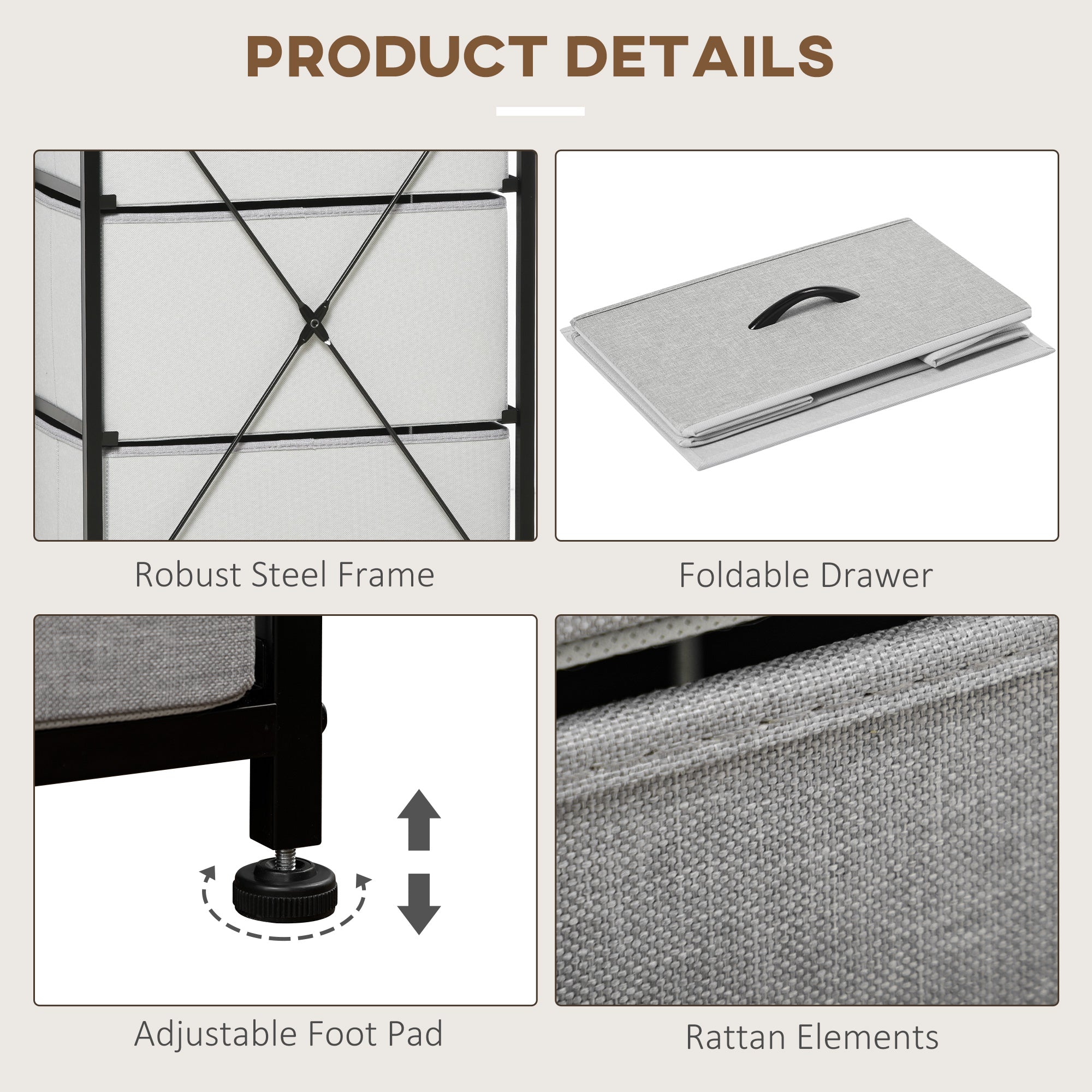 HOMCOM Fabric Chest of Drawers, Storage Drawers, Industrial Bedroom Dresser with 5 Fabric Drawers, Steel Frame and Wooden Top for Nursery, Living Room, Closet, Hallway, Grey - North Peak Garden Furniture
