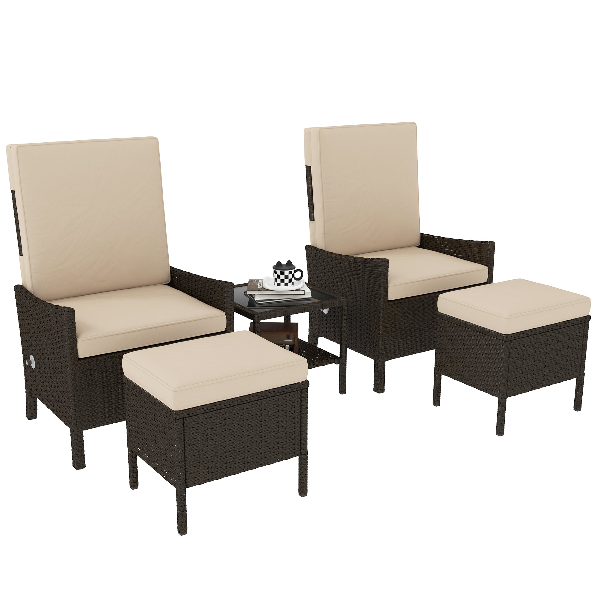 Outsunny 5 Piece Rattan Garden Furniture Set, Wicker Patio Sofa Set with 2 Armchairs, 2 Footstools, Glass Top Coffee Table with Shelf, Outdoor Furniture with Adjustable Backrests, Cushions, Khaki - North Peak Garden Furniture