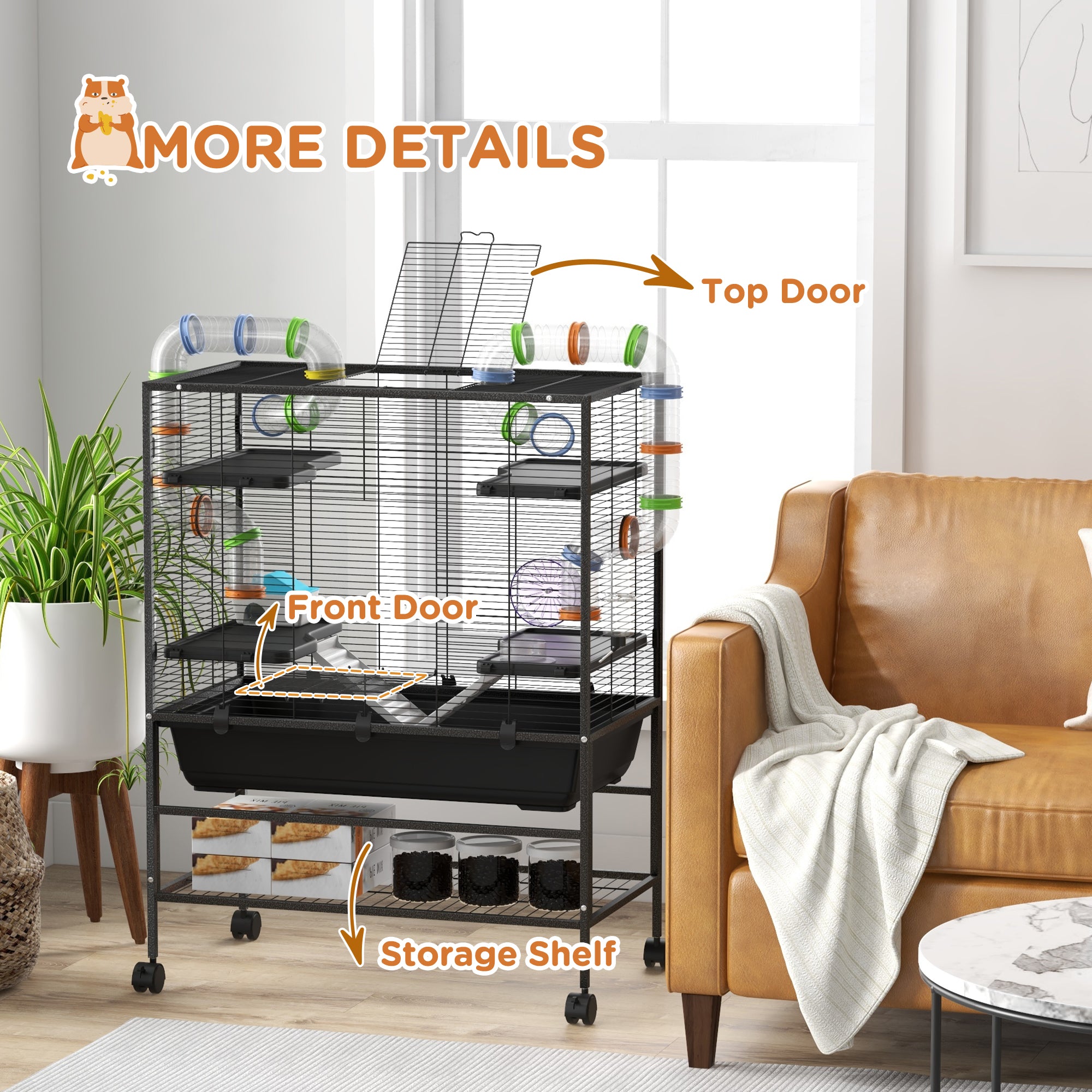 PawHut Large Hamster Cage, Gerbil Cage with Tubes, Storage Shelf, Ramps, Platforms, Running Wheel - Black - North Peak Garden Furniture
