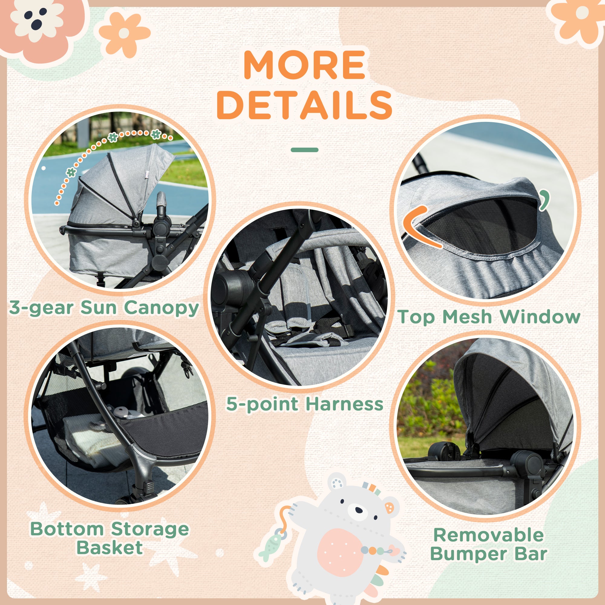 HOMCOM Foldable Baby Stoller, with Reclining Backrest, Adjustable Canopy, for Ages 0-36 Months - Grey