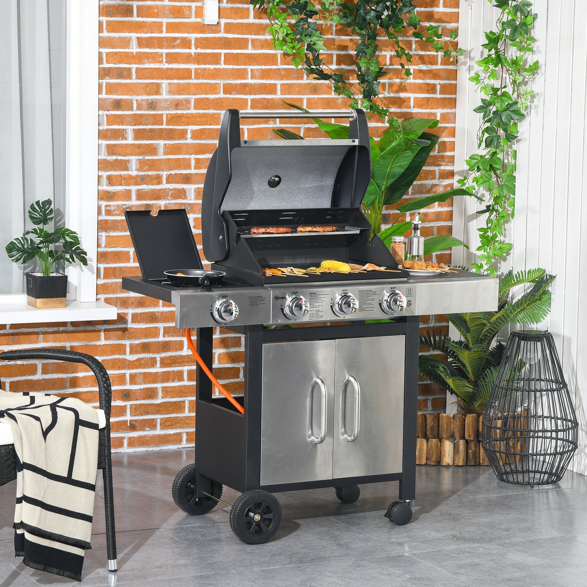 Outsunny Gas Barbecue Grill 3+1 Burner Garden Smoker BBQ Trolley w/ Side Burner Warming Rack Side Shelves Storage Cabinet Piezo Ignition Thermometer Stainless Steel + Metal - North Peak Garden Furniture