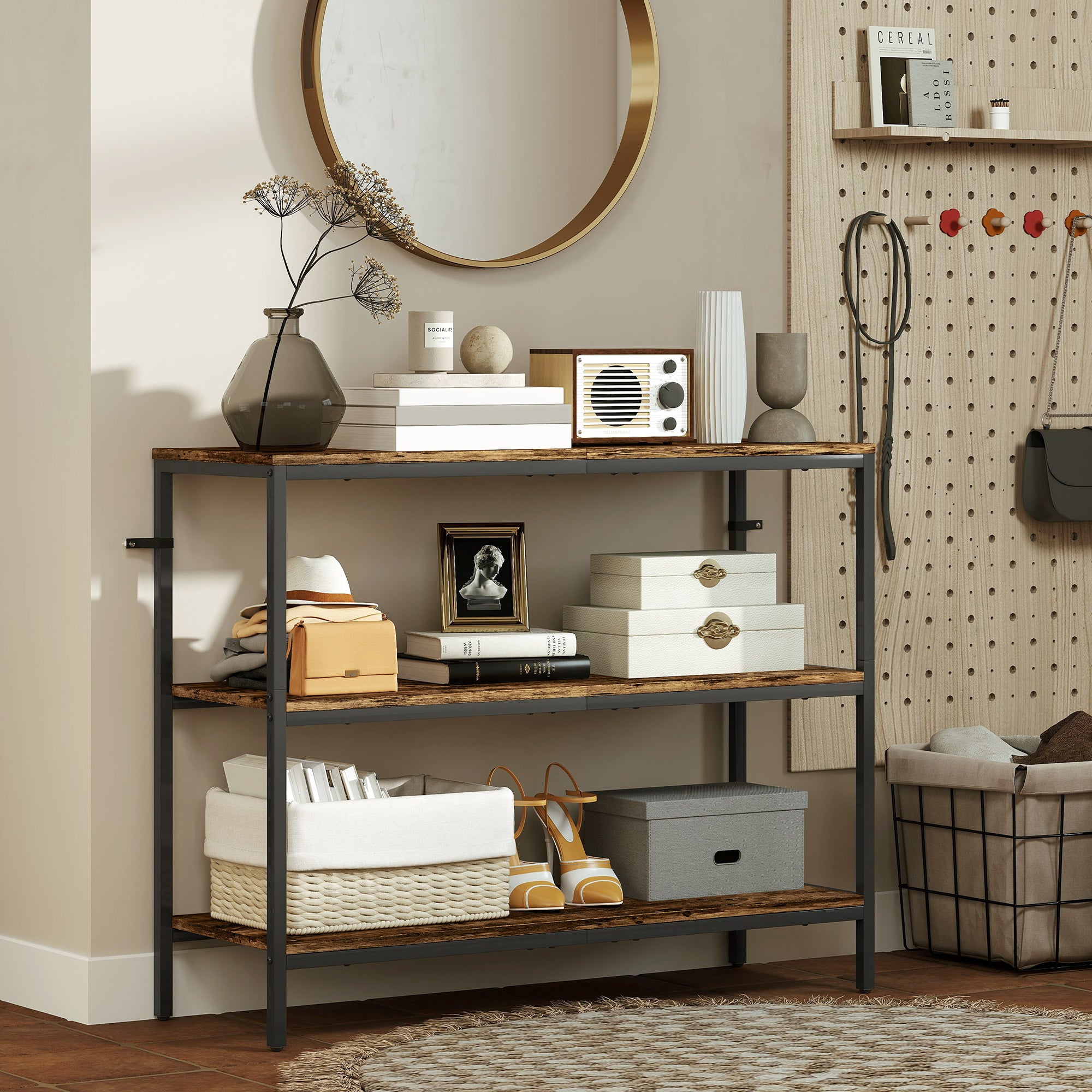 HOMCOM 3-Tier Console Table with Storage Shelves - Rustic Brown