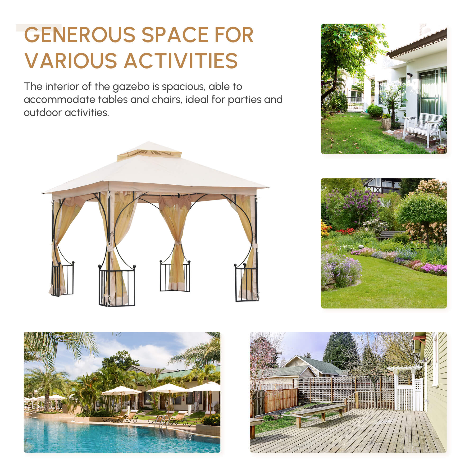 Outsunny 3 x 3(m) Garden Gazebo Patio Party Tent Shelter Outdoor Canopy Double Tier Sun Shade Metal Frame Netting Beige - North Peak Garden Furniture