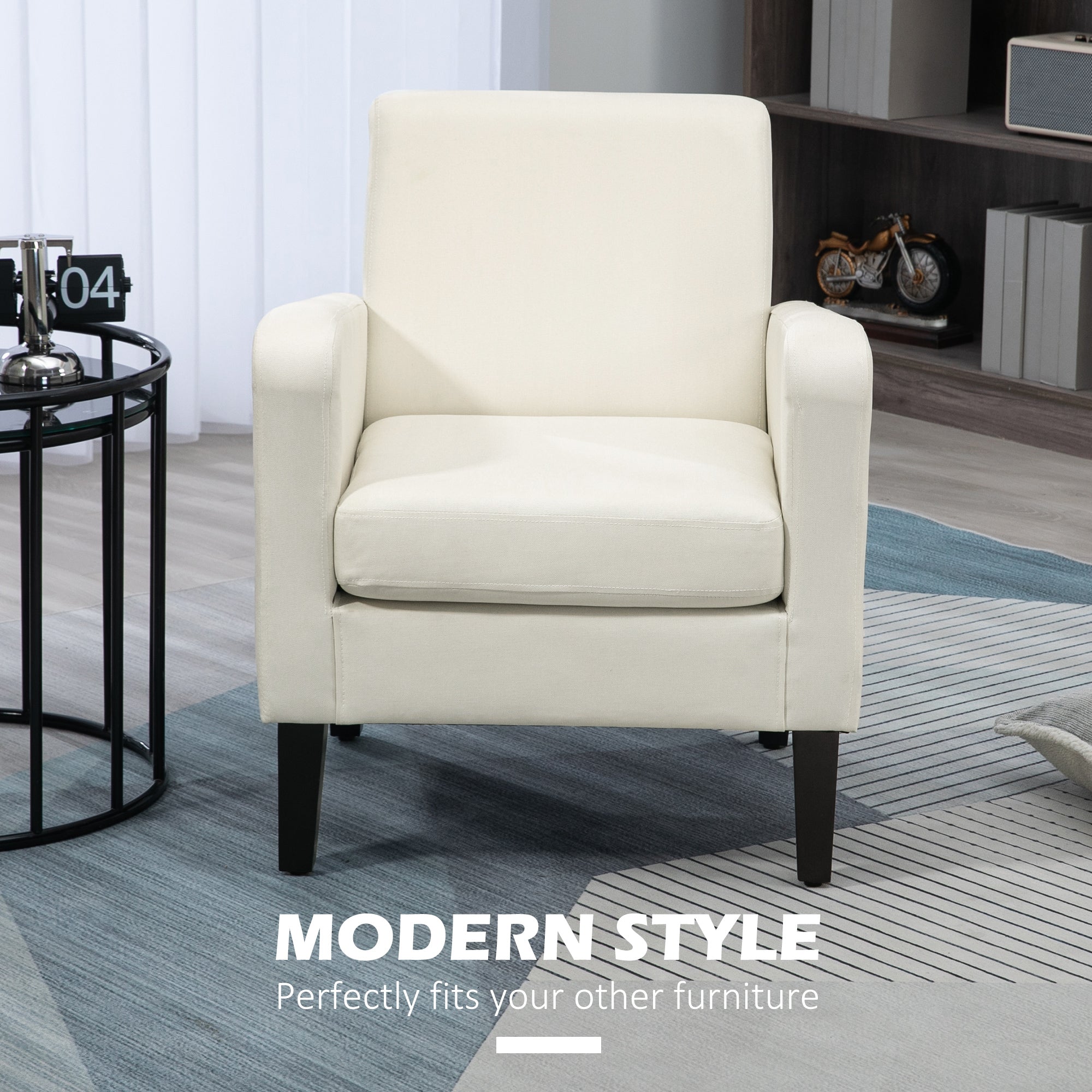 HOMCOM 2 Pieces Modern Armchairs with Rubber Wood Legs, Upholstered Accent Chairs, Single Sofa for Living Room, Bedroom, Cream White - North Peak Garden Furniture