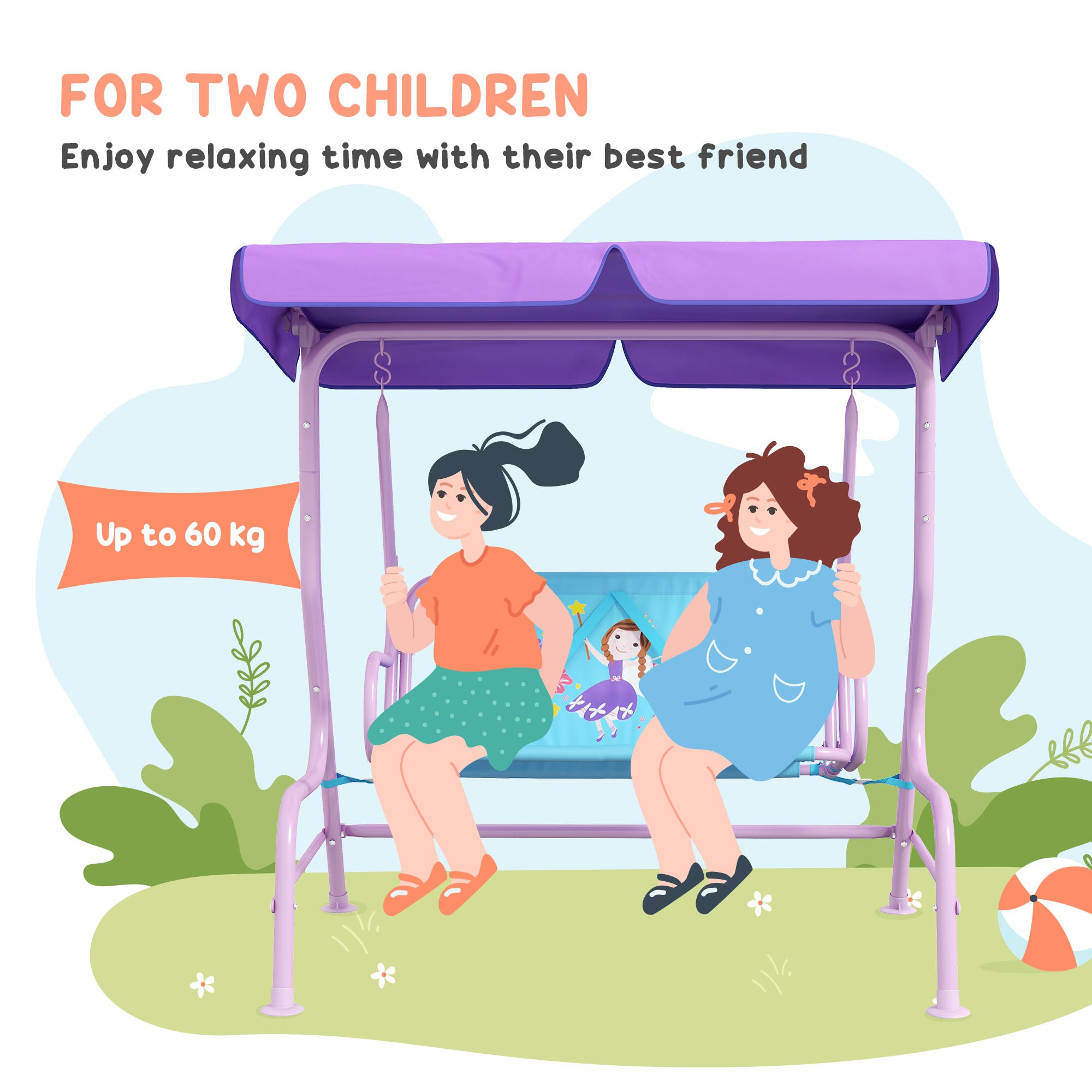 Outsunny Two Seater Kids Garden Swing, Fairy Themed kids Swing Chair with Adjustable Canopy, Safety Belts for Outdoor Use - North Peak Garden Furniture