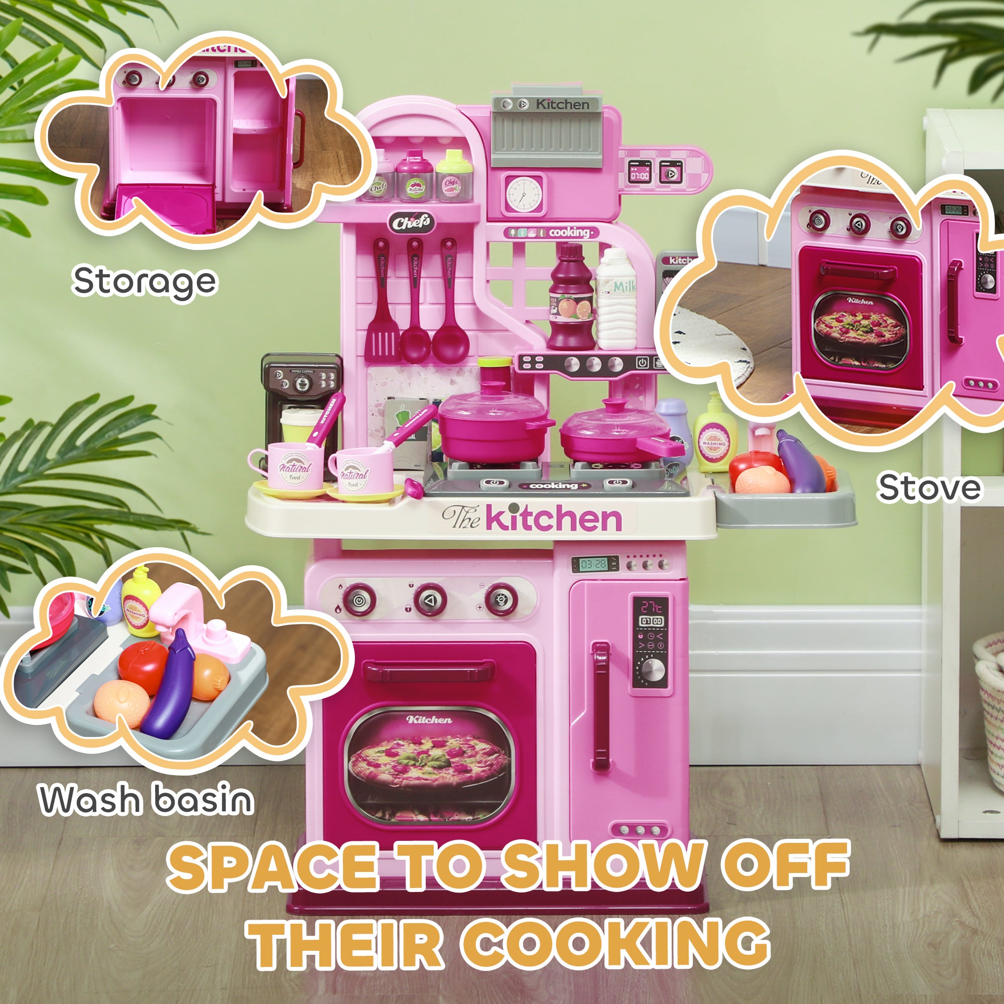 AIYAPLAY Kids Kitchen with 33 Pieces, Lights, Sounds, Storage, for Ages 3-6 Years, Pink - North Peak Garden Furniture