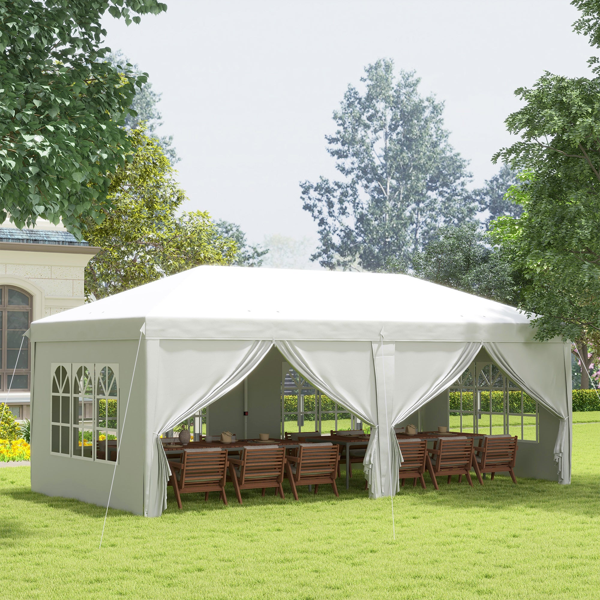 Outsunny 3 x 6 m Pop Up Gazebo with Sides and Windows, Height Adjustable Party Tent with Storage Bag for Garden, Camping, Event, White - North Peak Garden Furniture