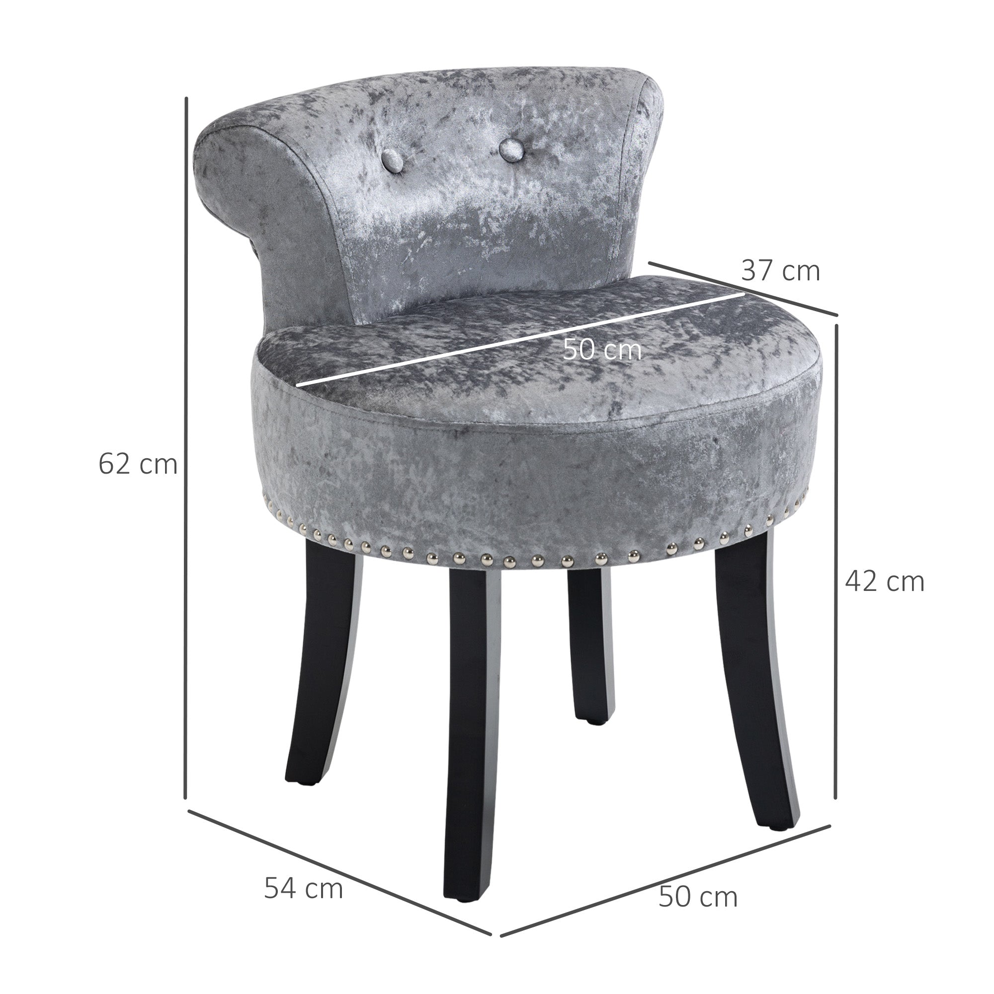 HOMCOM Dressing Table Stool with Rubber Wood Legs, Ice Velvet Vanity Stool for Living Room Bedroom, Grey - North Peak Garden Furniture