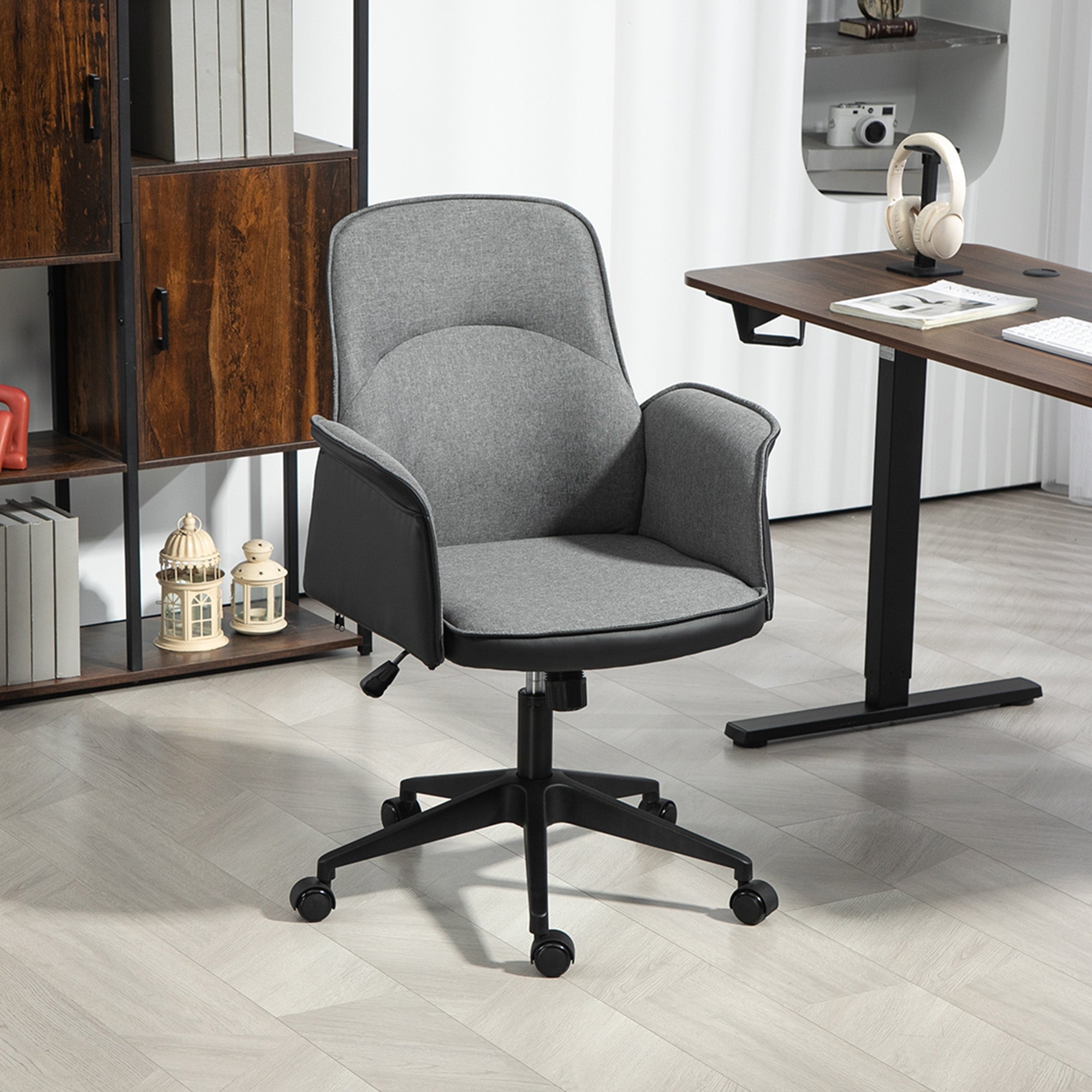 HOMCOM Home Office Chair, Upholstered Linen Desk Chair with Adjustable Height and Tilt Function, Swivel Chair for Home Office and Study Room, Grey - North Peak Garden Furniture