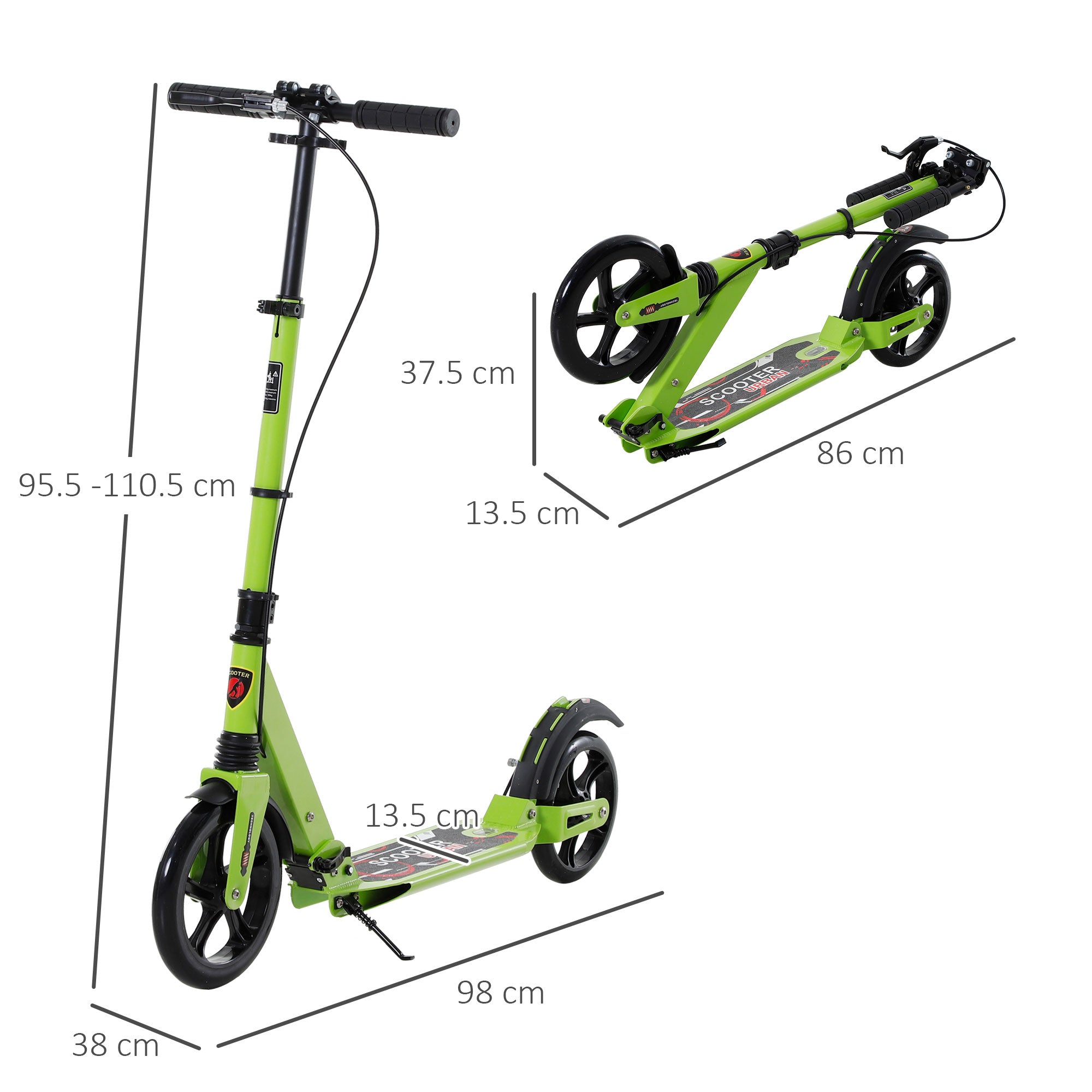 HOMCOM Kick Scooter, Folding 2 Wheel Scooter for 14+ Teens Adults, with Dual Brake System, Dual Suspension, 230mm Big Wheels, 3 Adjustable Handlebar, up to 100KG, Green - North Peak Garden Furniture