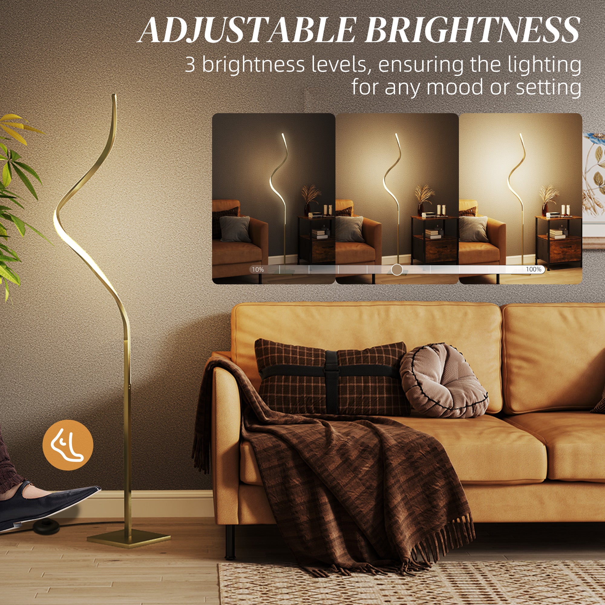 HOMCOM LED Floor Lamp with 3 Adjustable Brightness, Modern Standing Lamp with Foot Switch for Bedroom, Living Room, Gold Tone - North Peak Garden Furniture