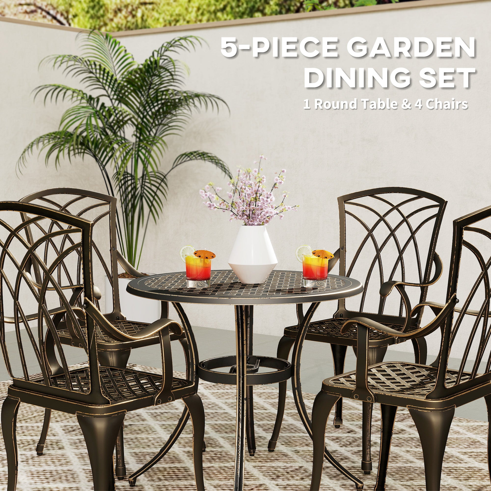 Outsunny 5 Pieces Garden Dining Set for 4, Cast Aluminium Outdoor Dining Set with 4 Armchairs and Round Dining Table with Parasol Hole, Garden Furniture Set, Bronze Tone - North Peak Garden Furniture