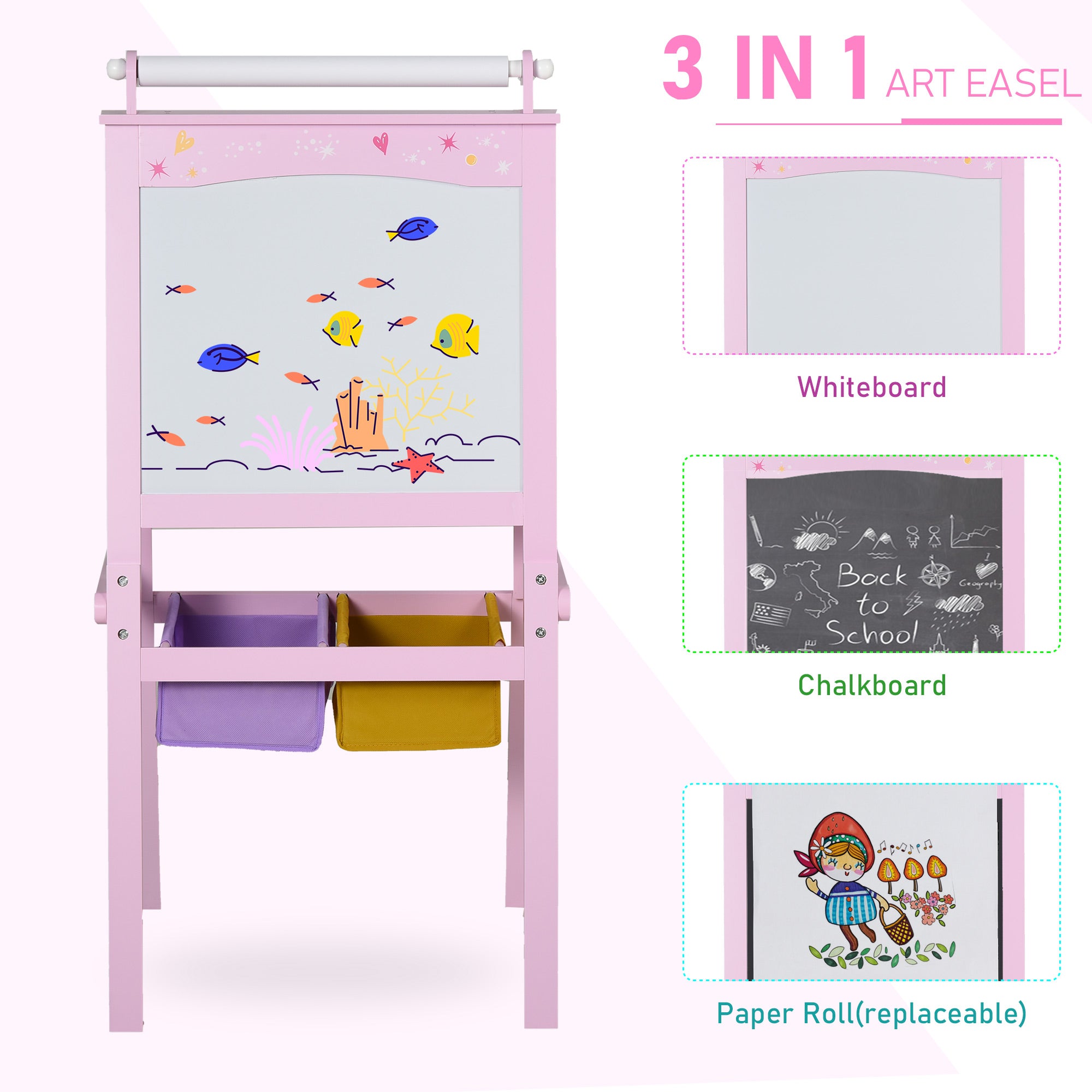 HOMCOM Kids Easel 3 in 1 Wooden Art Easel with Paper Roll Double-Sided Chalkboard & Whiteboard with Storage Baskets for Toddler Girls, Pink - North Peak Garden Furniture
