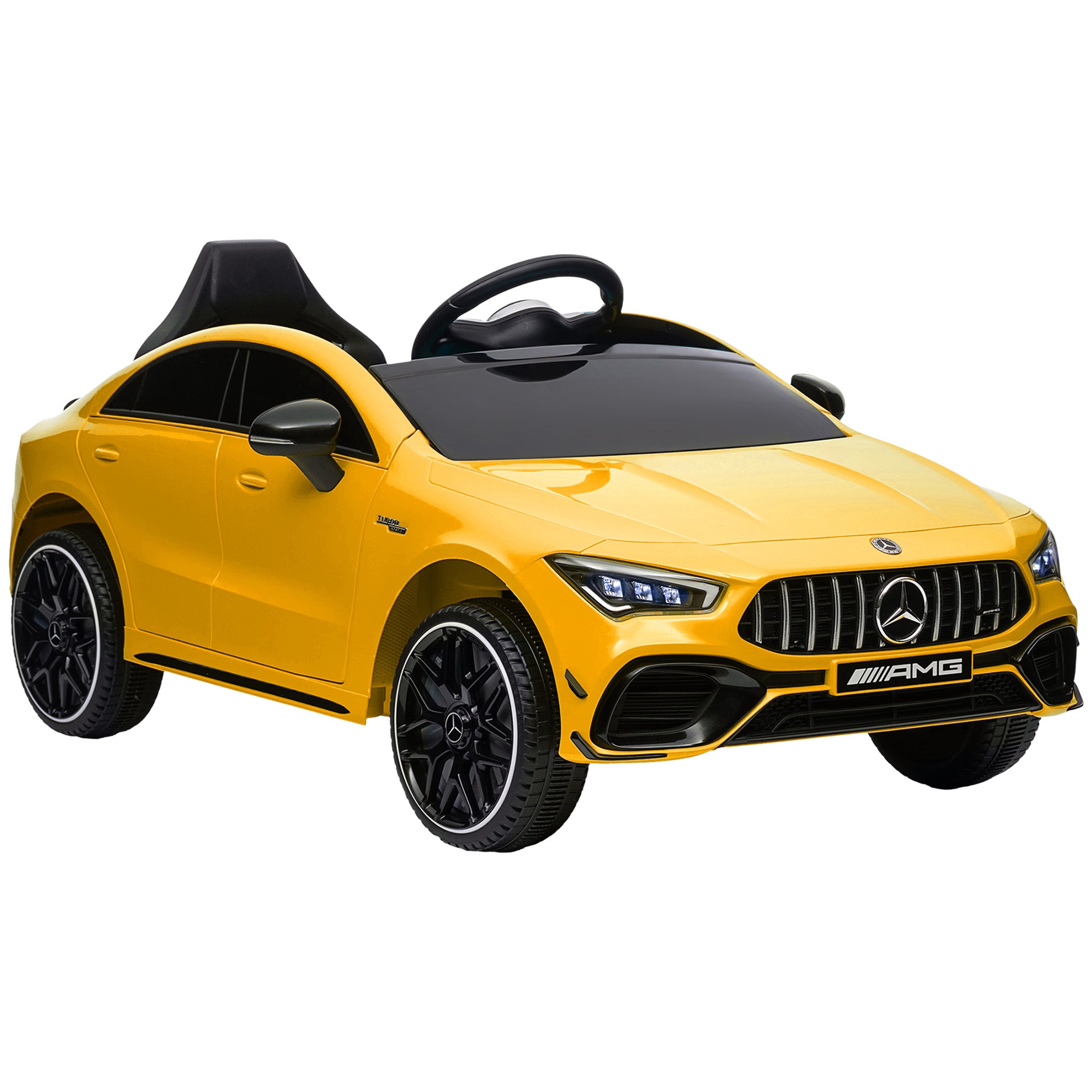AIYAPLAY Mercedes-AMG CLA 45 Licensed 12V Kids Electric Car Ride on Car w/ Remote, Suspension Lights Music Horn - Yellow - North Peak Garden Furniture