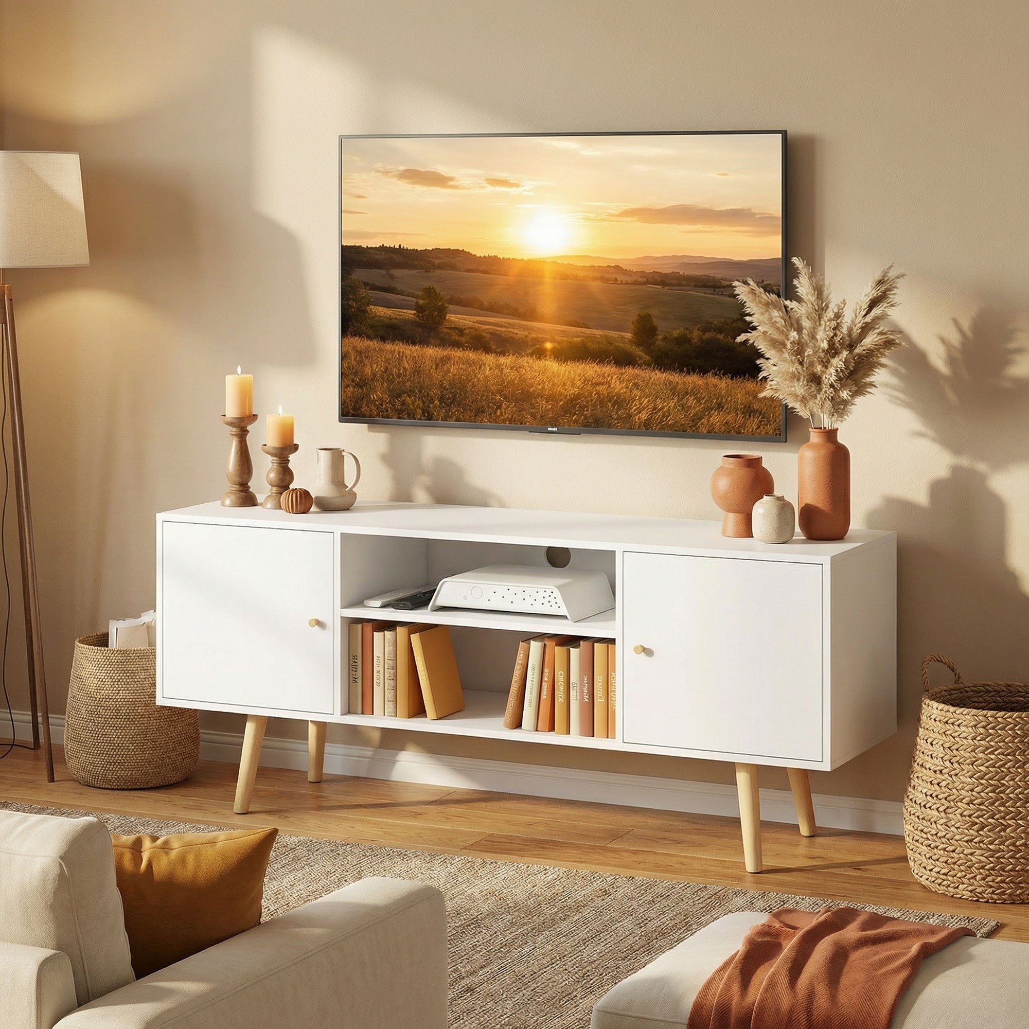 HOMCOM TV Unit Cabinet for TVs up to 55 Inches, TV Stand with Storage Shelves and Wood Legs for Living Room, White