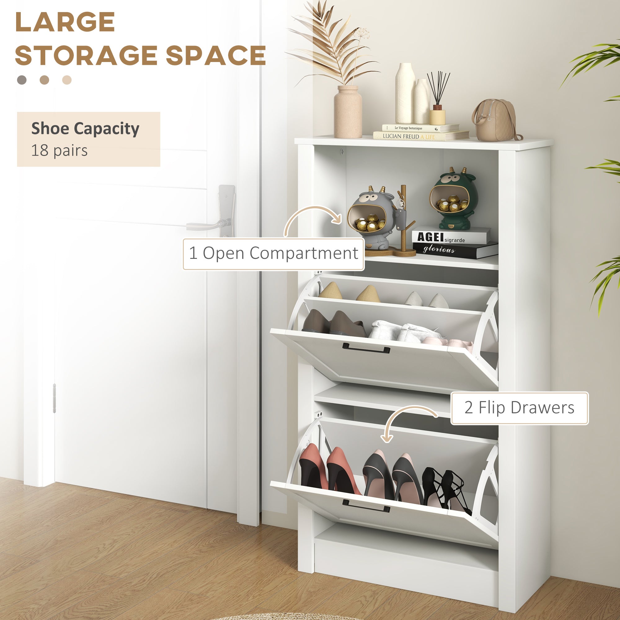 HOMCOM Modern Shoe Cabinet with 2 Flip Drawers and Adjustable Shelves, Narrow Shoe Storage Cabinet with Open Compartment, Holds 10 Pairs for Entryway, Hallway, White - North Peak Garden Furniture