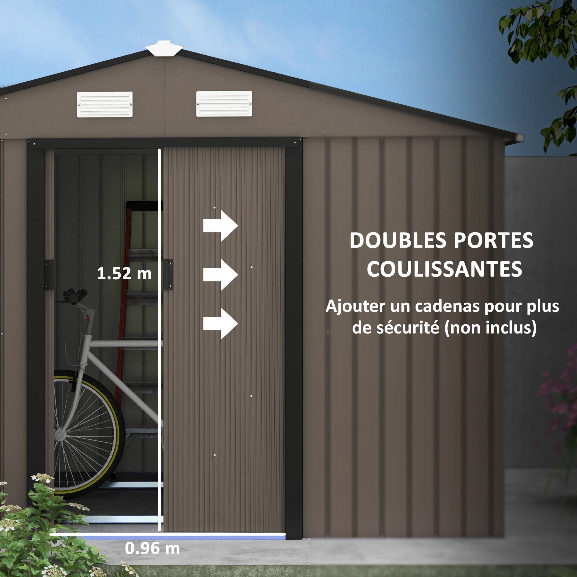 Outsunny 9 x 6ft Metal Garden Shed, Outdoor Storage Tool House with Ventilation Slots, Foundation Kit and Lockable Double Doors, Brown - North Peak Garden Furniture