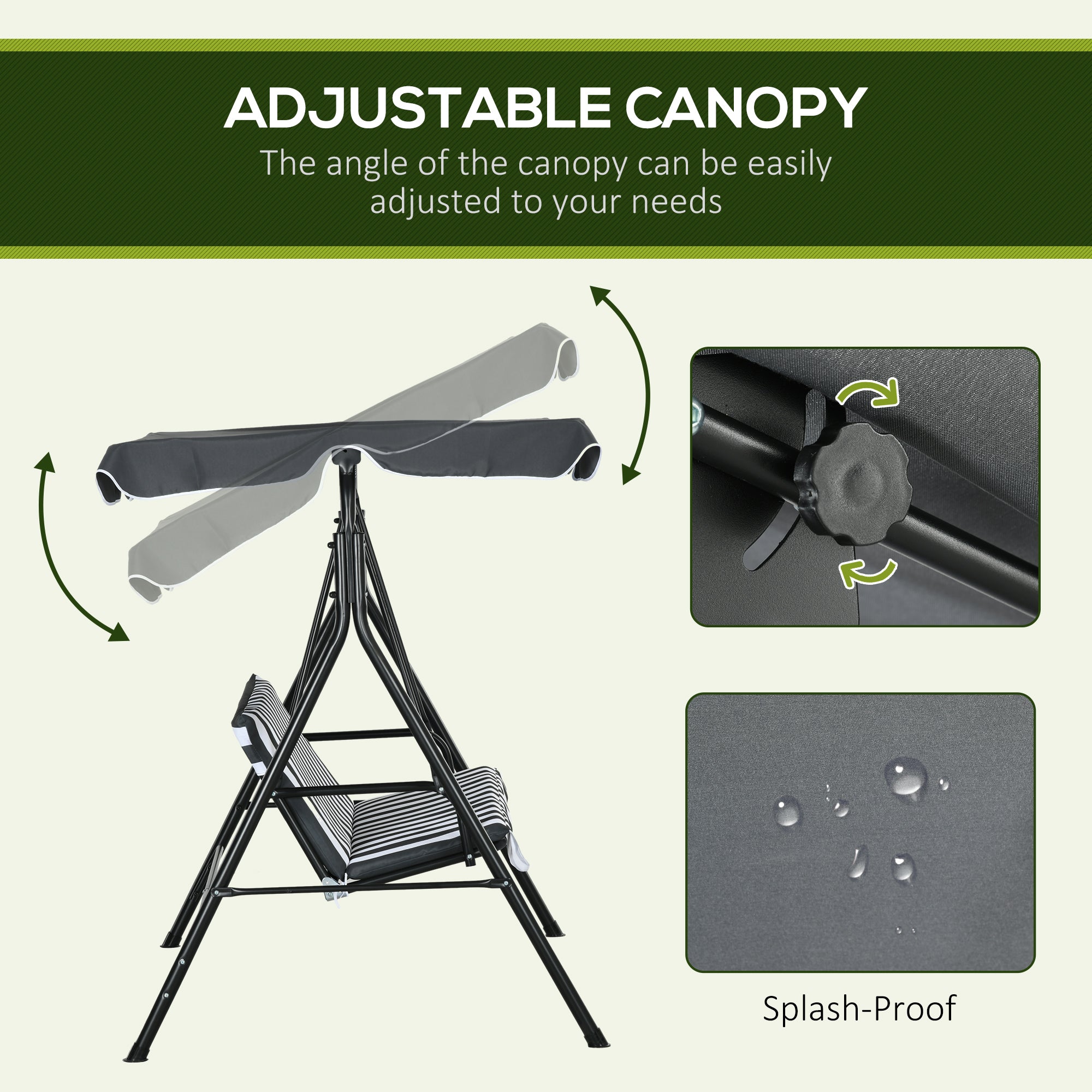 Outsunny 3 Seater Garden Swing Chair, Outdoor Swing Chair with Adjustable Canopy, Mental Frame & Cushions, Grey