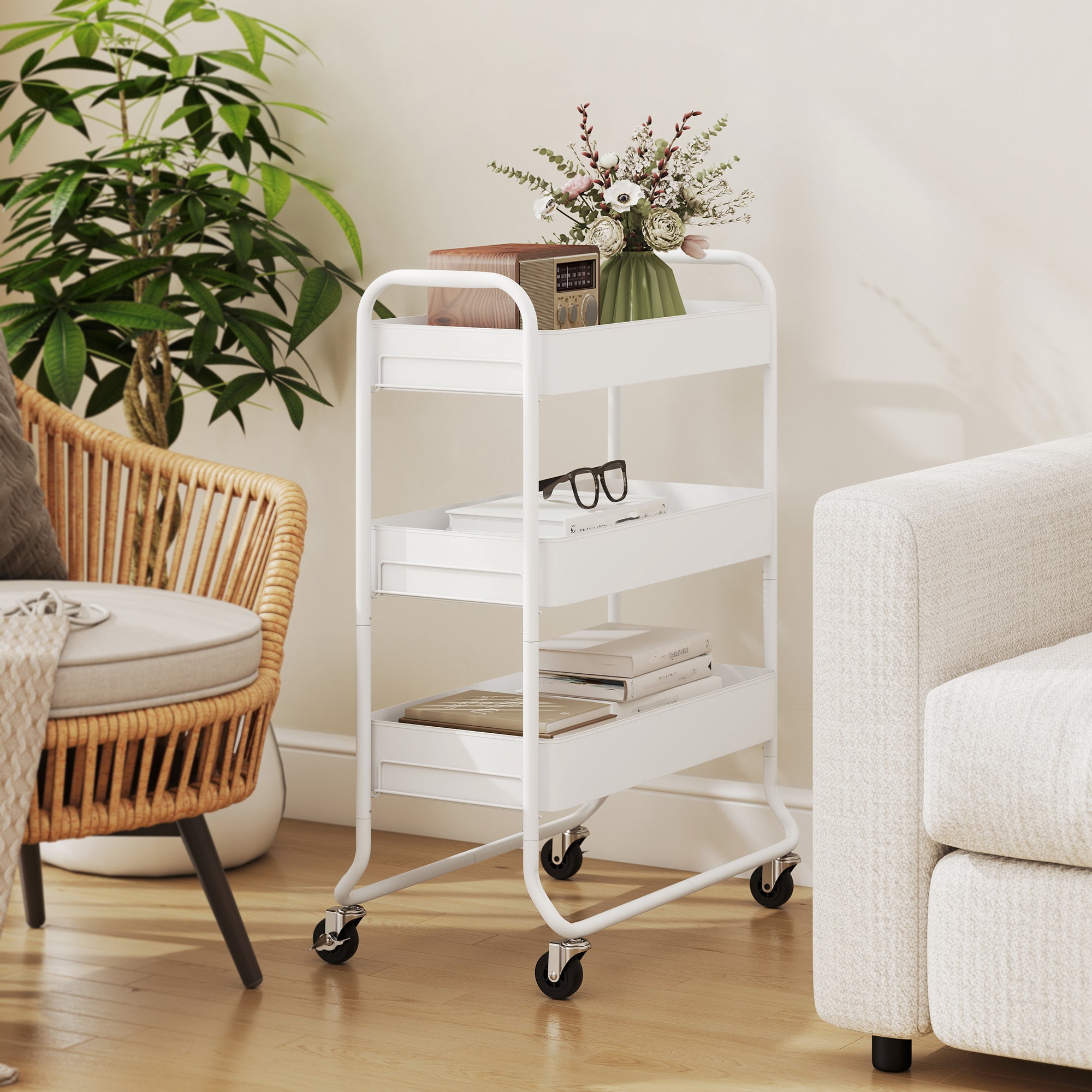 HOMCOM 3-Tier Storage Trolley on Wheels, Rolling Utility Cart with Mesh Backets for Kitchen, Bathroom, Bedroom, White