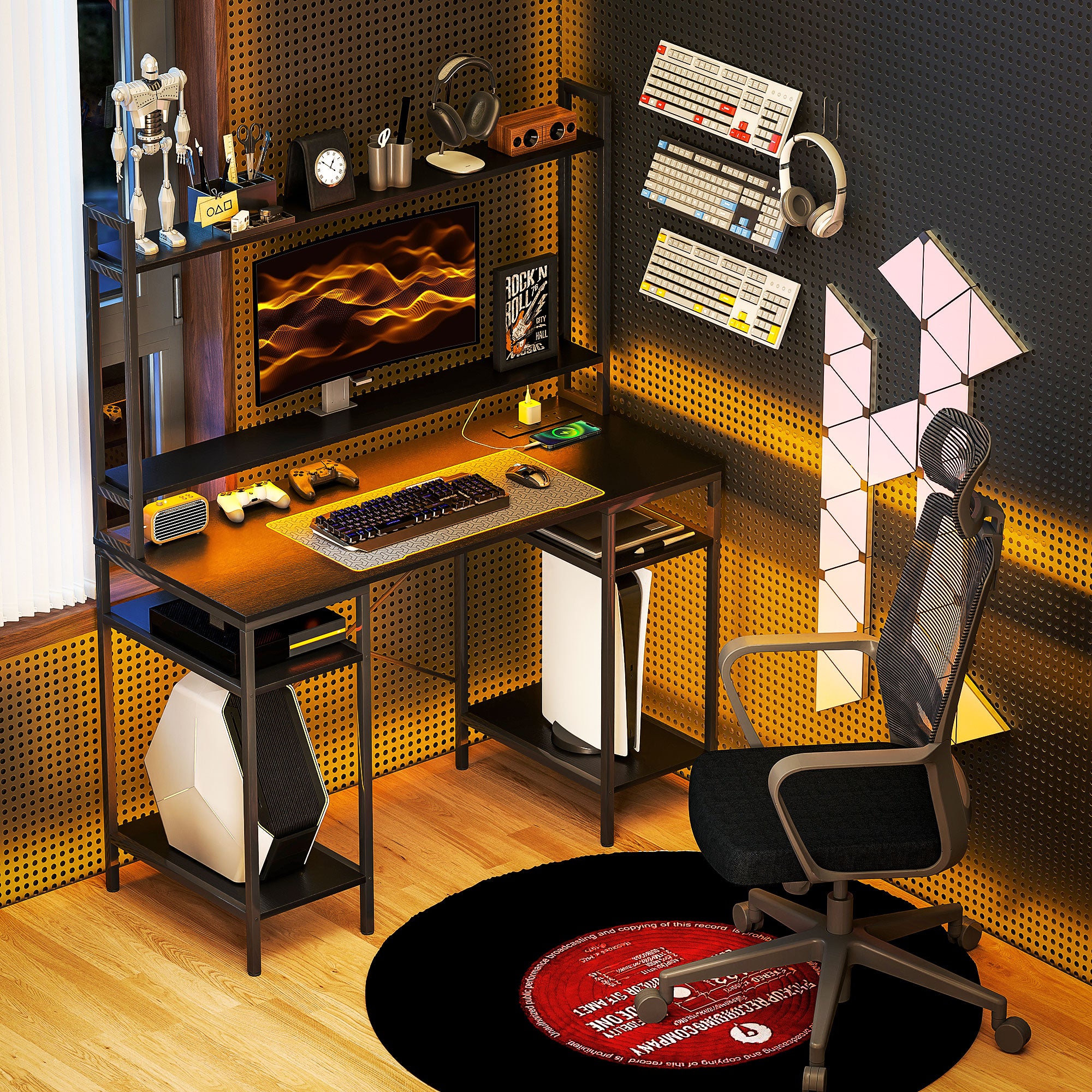 HOMCOM Computer Desk with Power Outlets and LED Lights, Home Office Desk with Monitor Stand and 2 CPU Stands, Study Table Gaming Desk with Hutch, Black - North Peak Garden Furniture