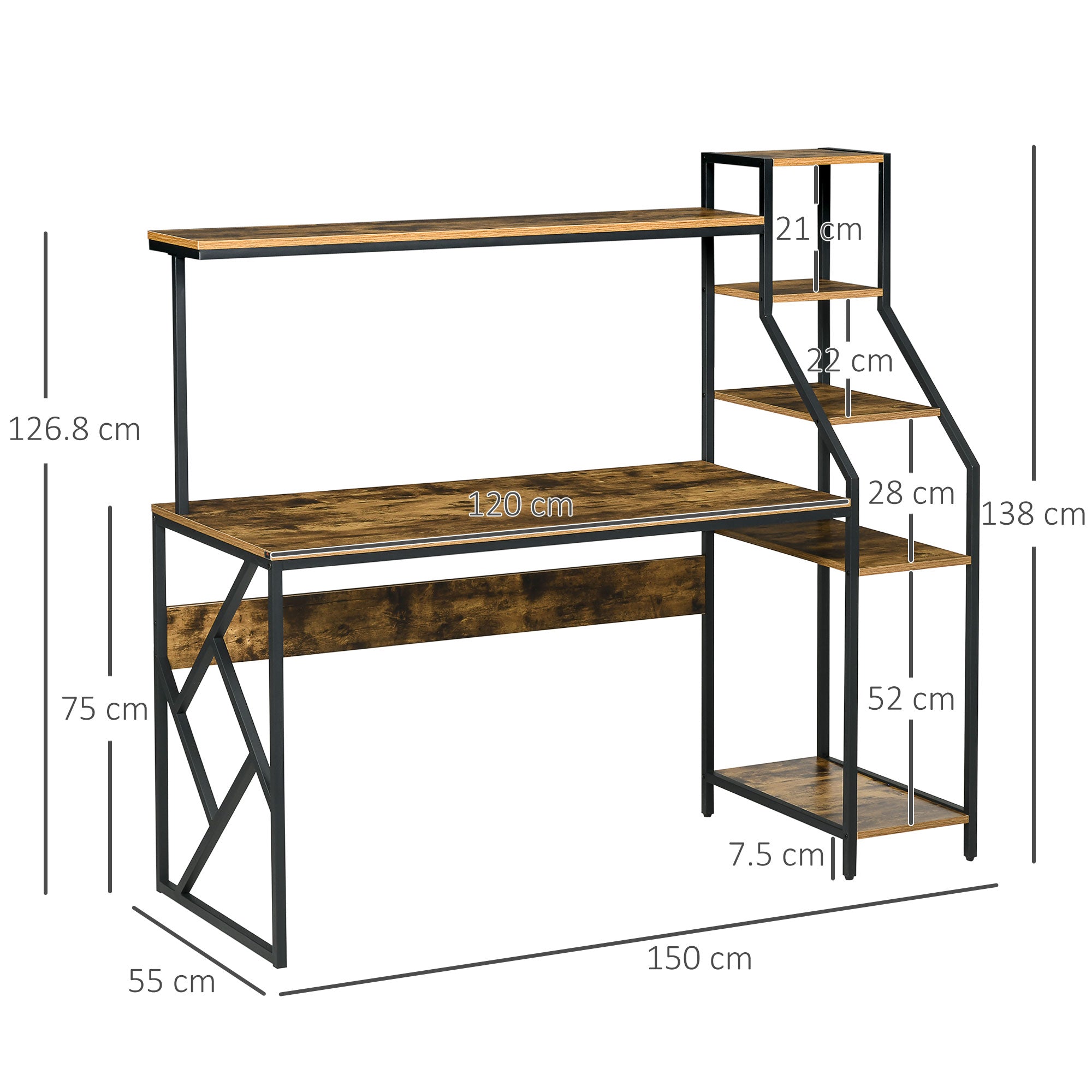 HOMCOM Computer Desk with Bookshelf, Industrial Writing Table with 6 Tier Storage Shelves for Home Office, Bedroom, Study, 150 x 55 x 138cm, Rustic Brown - North Peak Garden Furniture
