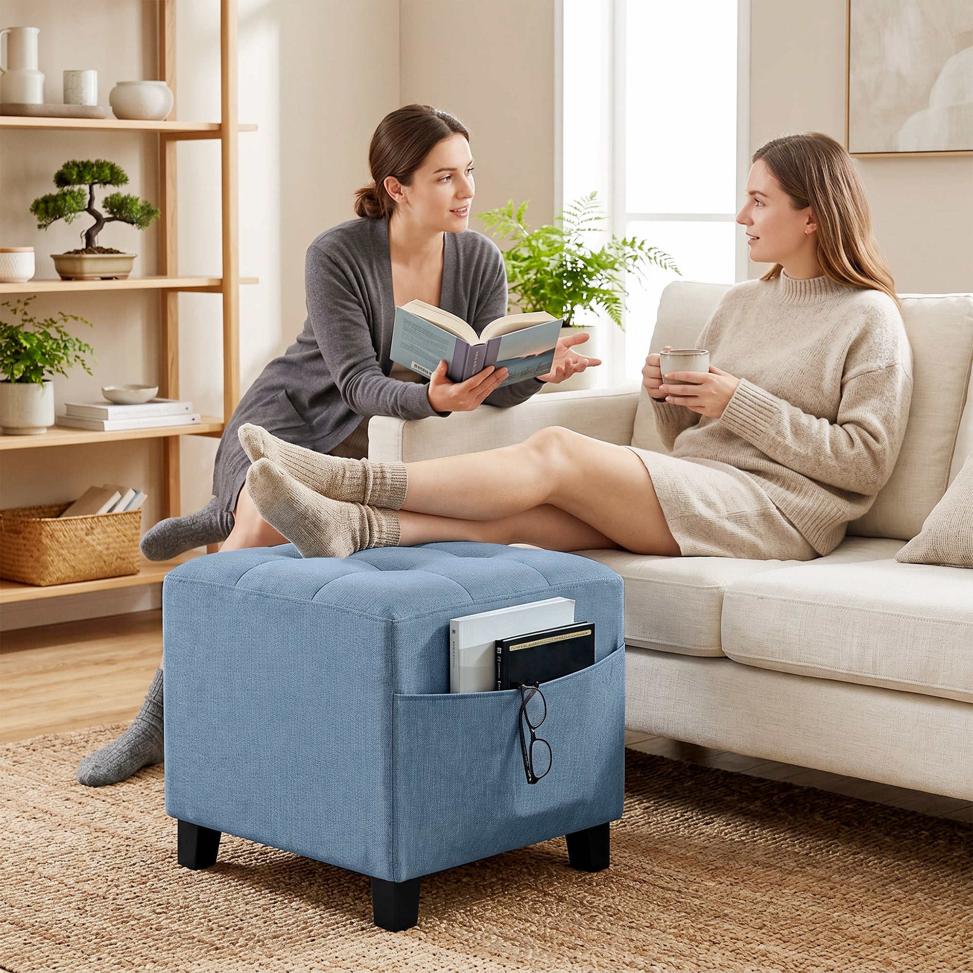 HOMCOM Small Ottoman, Square Footstool with Side Pocket, Rubber Wood Legs and Padded Seat for Living Room, Dark Blue