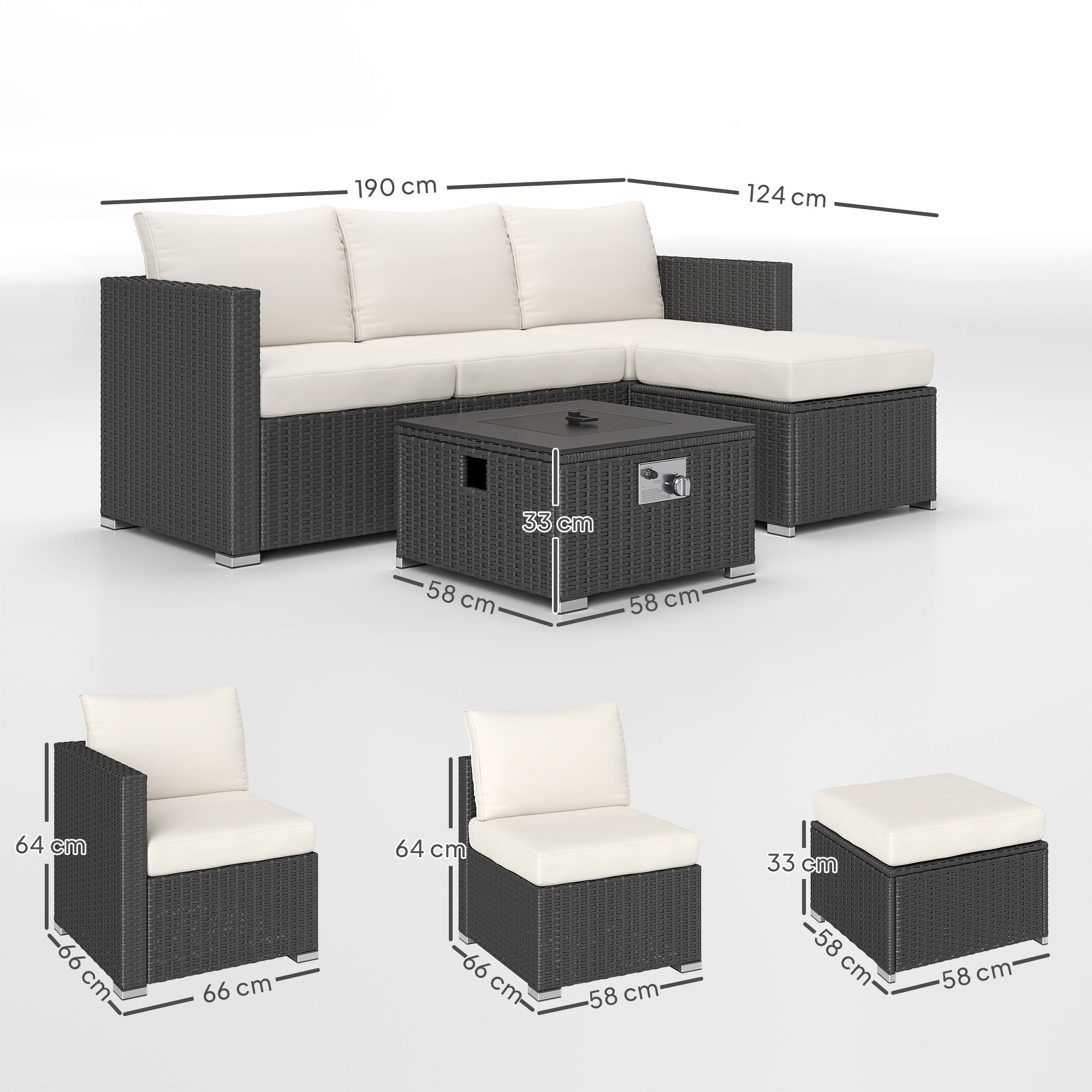 Outsunny Five Piece Rattan Garden Furniture Set with Gas Fire Pit Table and Footstool - Black and Cream White - North Peak Garden Furniture