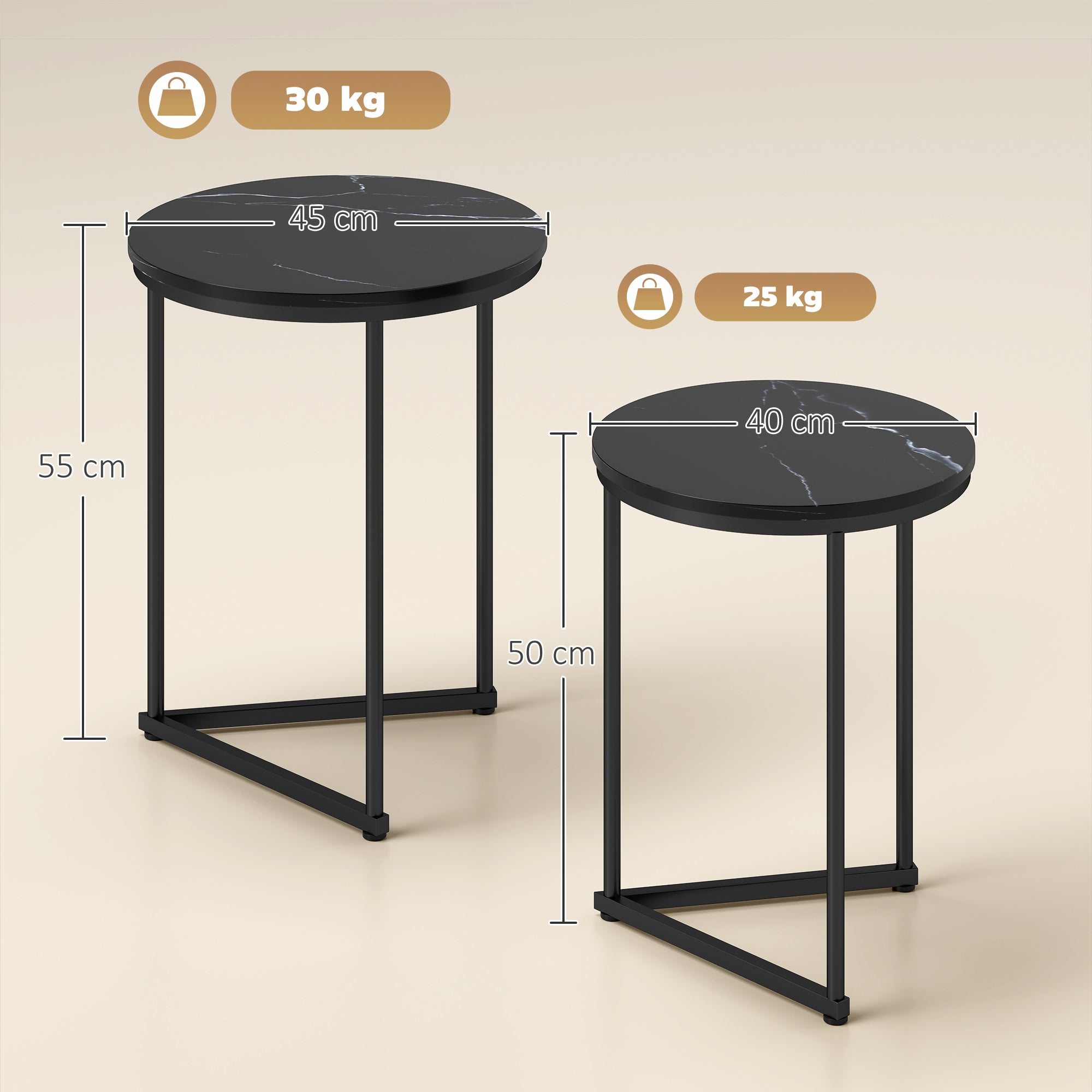 HOMCOM Set of Two Marble-Effect Nest of Tables - Black Marble Effect