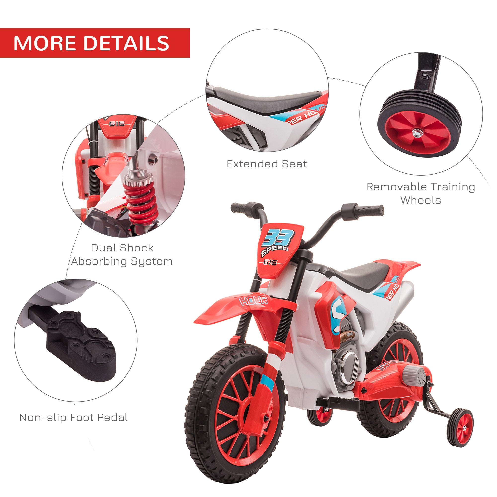 HOMCOM 12V Kids Electric Motorcycle Ride-On, with Training Wheels, for Ages 3-6 Years - Red - North Peak Garden Furniture
