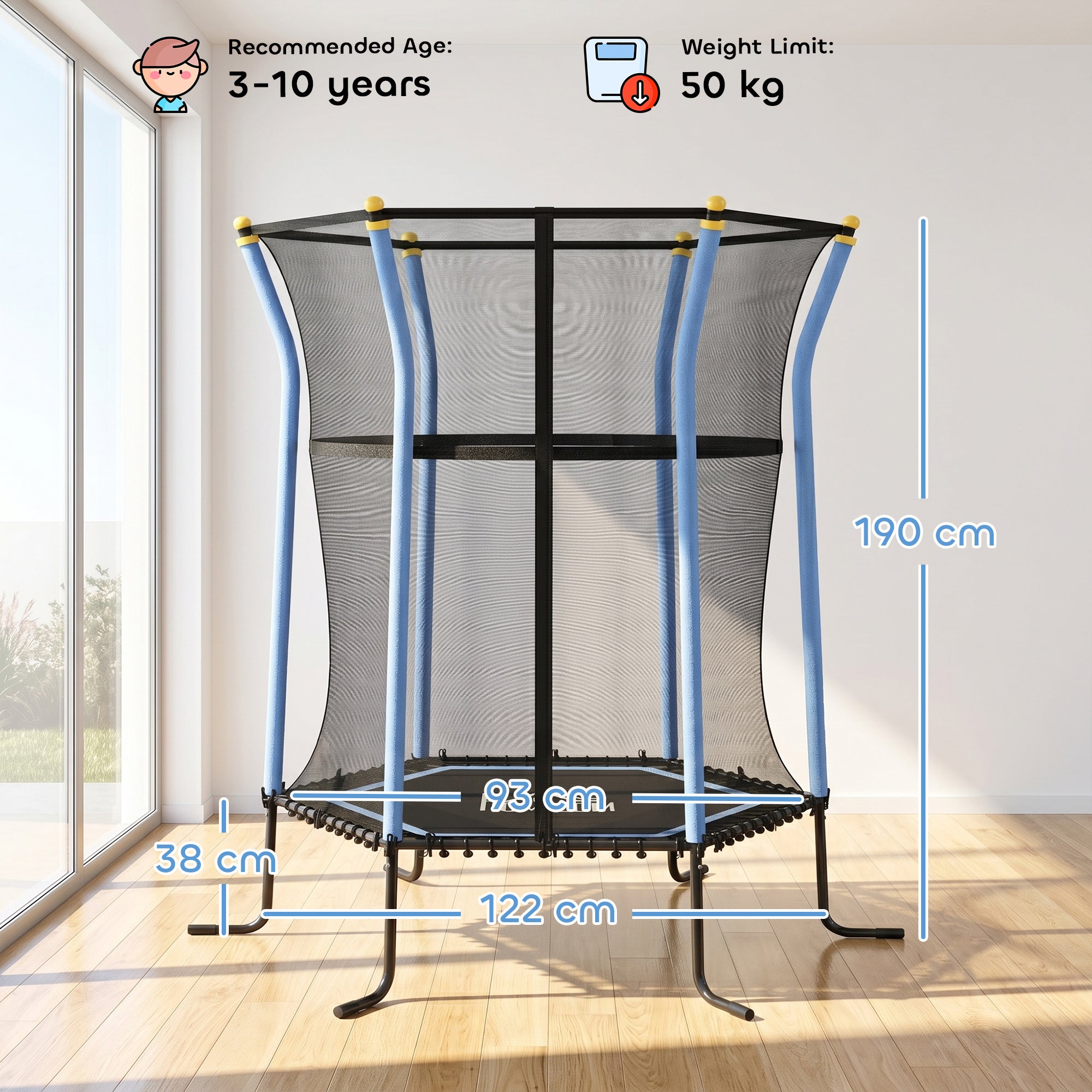 HOMCOM Kids Trampoline Mini Bouncer with Enclosure Safety Net For Ages 3-10 Years - Blue