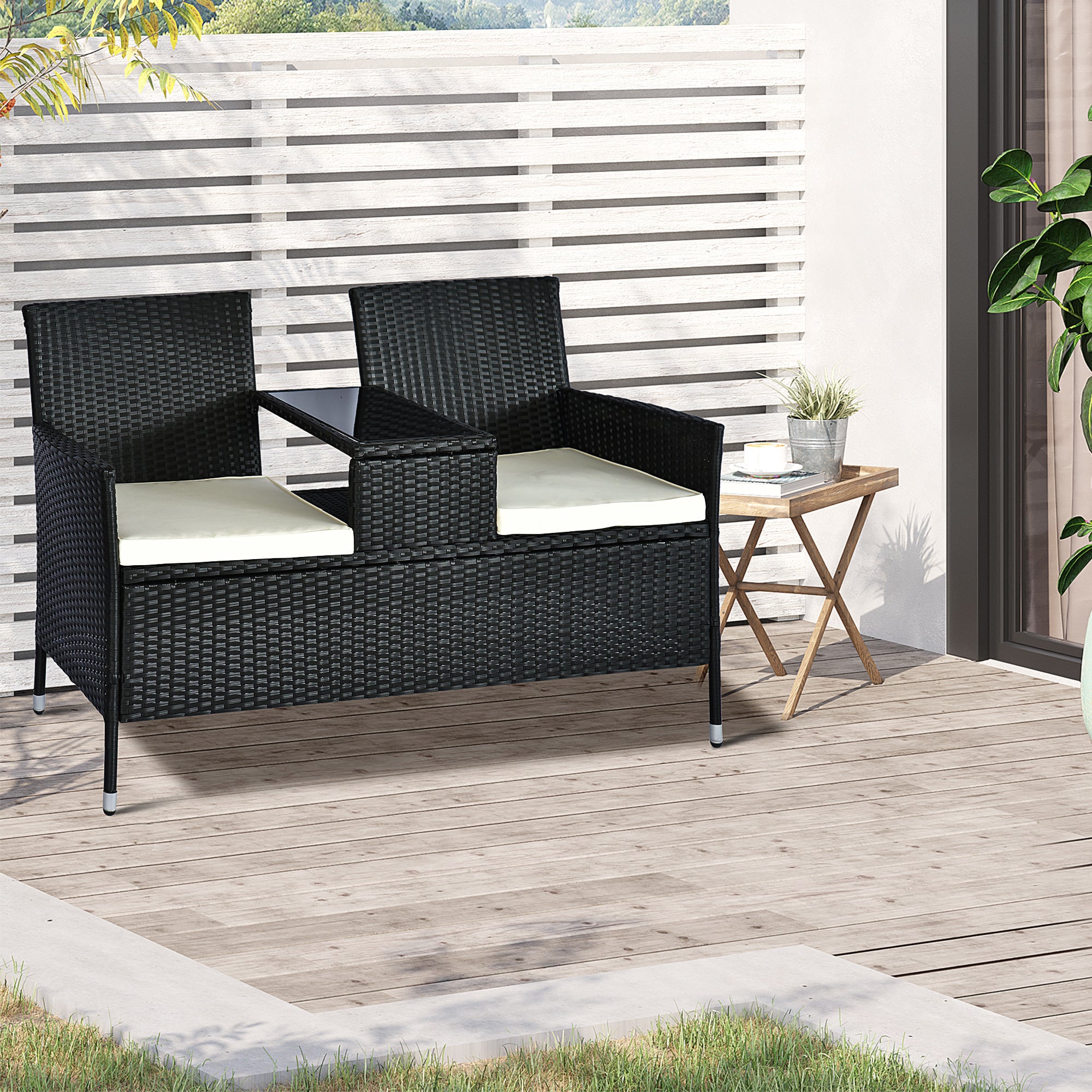 Outsunny 2 Seater Rattan Campanion Chair Wicker Loveseat Outdoor Patio Armchair with Drink Table Garden Furniture - Black - North Peak Garden Furniture