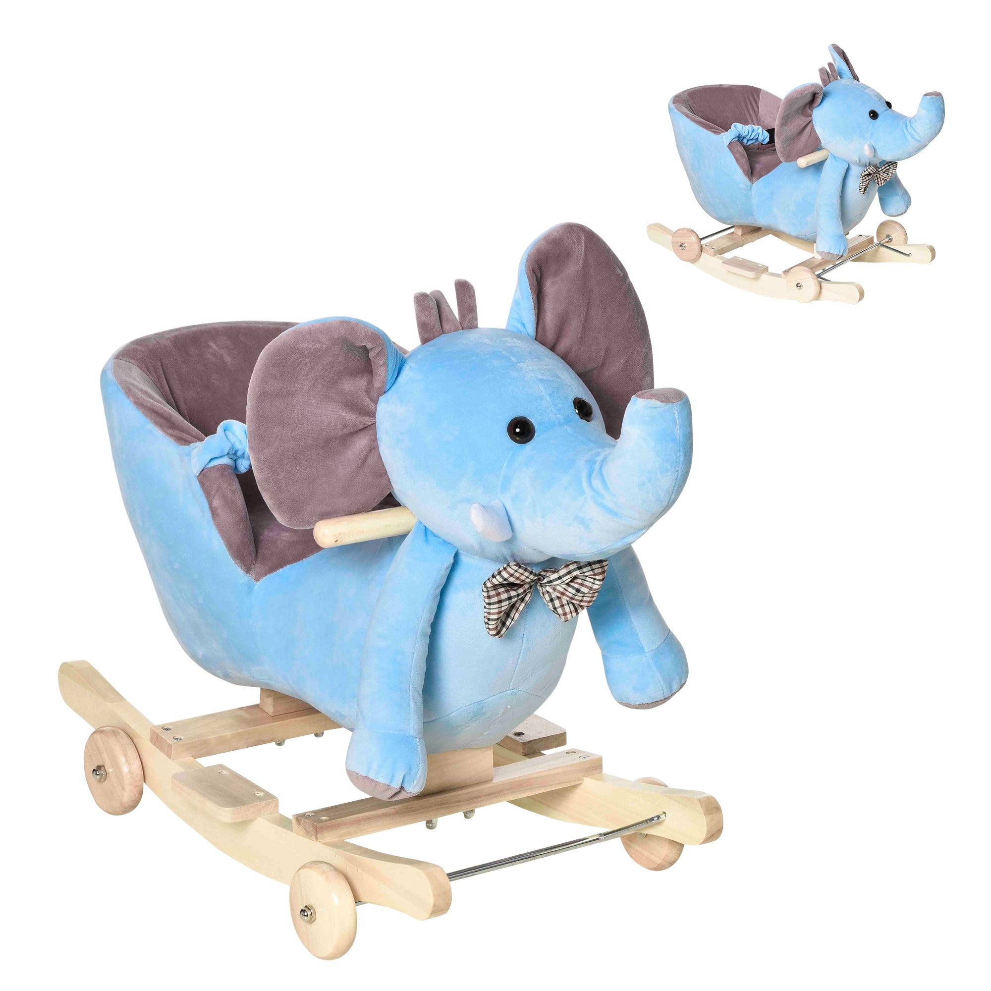 HOMCOM 2 In 1 Plush Baby Ride on Rocking Horse Elephant Rocker with Wheels Wooden Toy for Kids 32 Songs for 18+ Months (Blue) - North Peak Garden Furniture