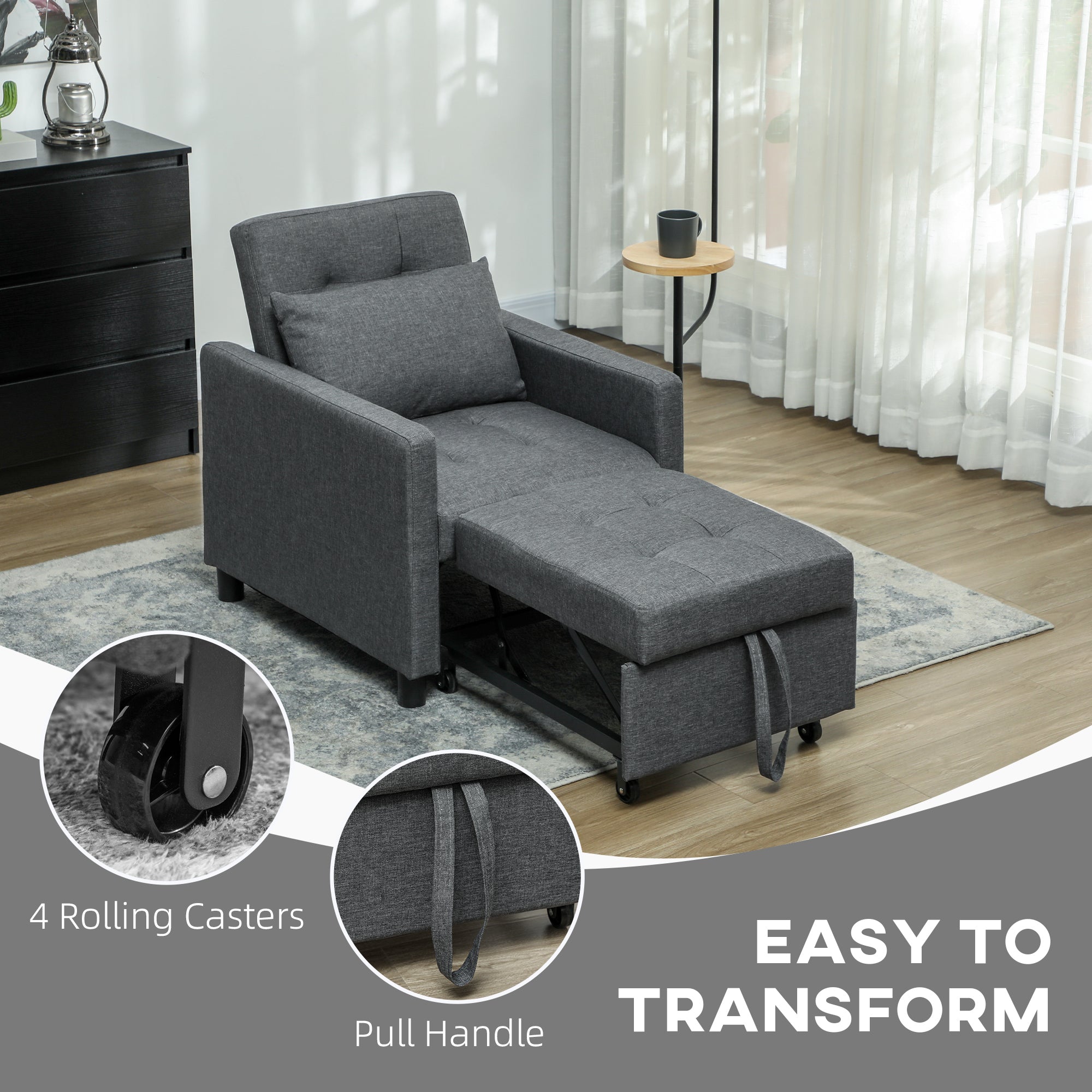 HOMCOM 3-In-1 Chair Bed, Convertible Sleeper Chair with Adjustable Backrest, Pillow and Footrest for Living Room, Dark Grey - North Peak Garden Furniture