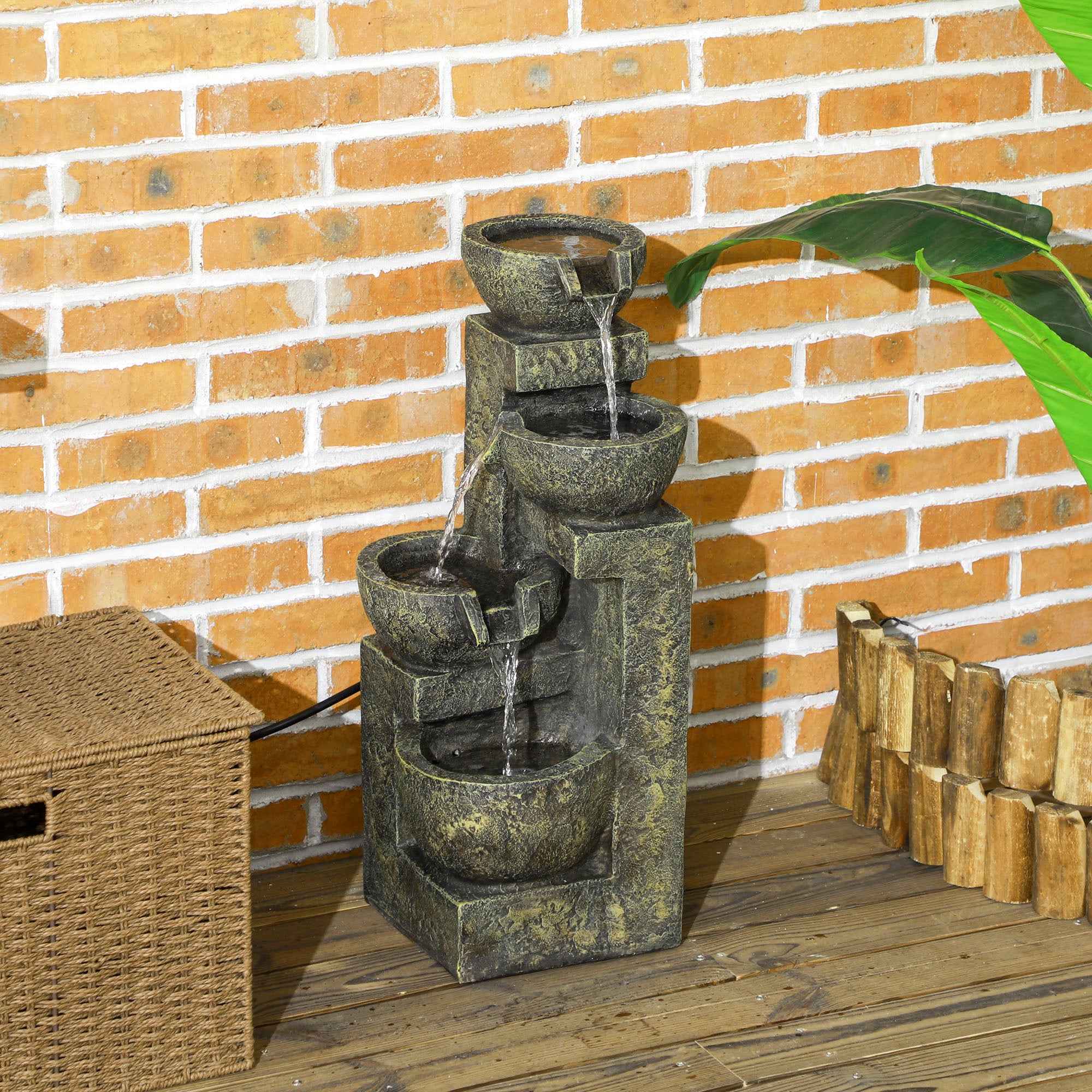 Outsunny Garden Water Feature Waterfall Fountain with 4-Tier Stone Look Bowls, Adjustable Flow, Black and Yellow - North Peak Garden Furniture