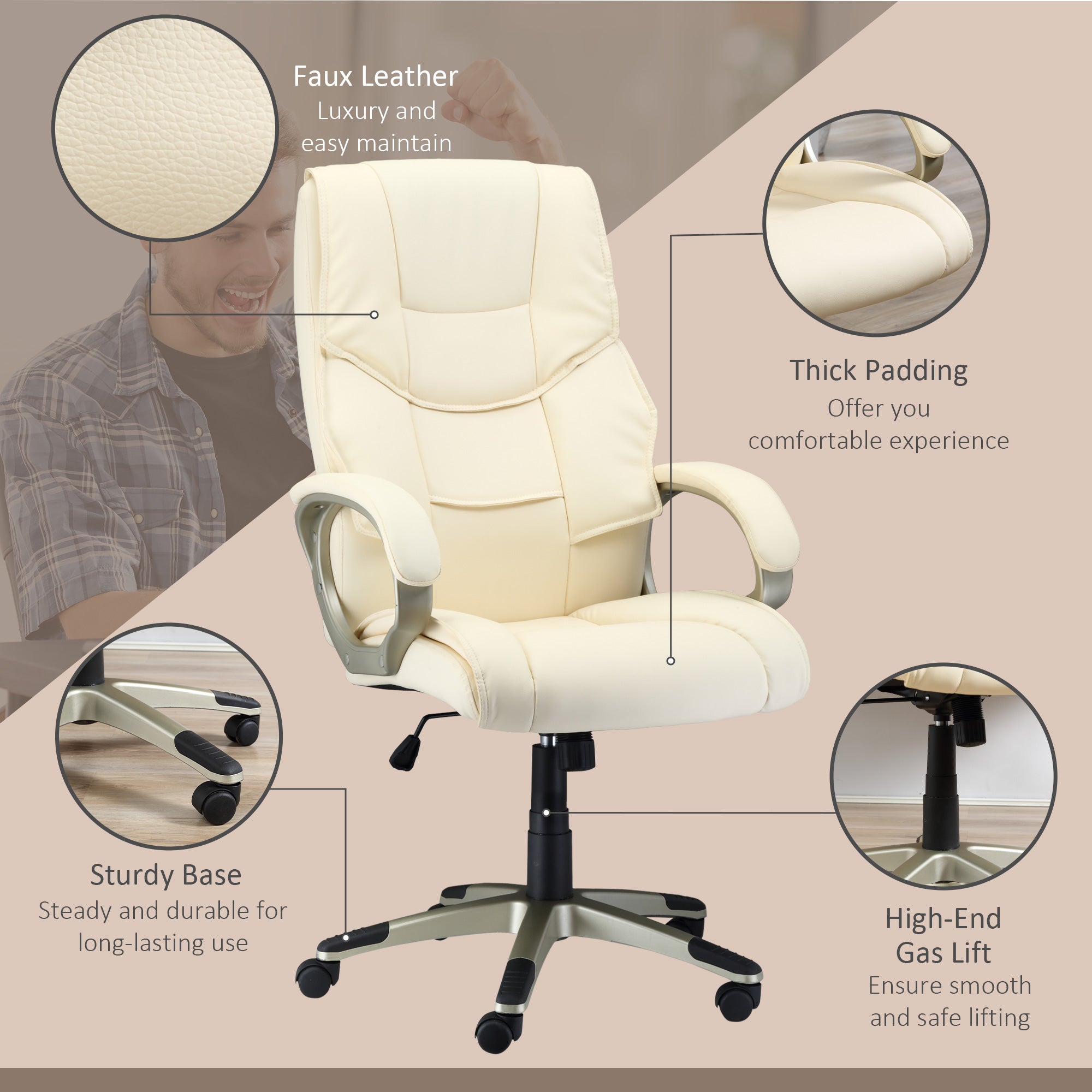 HOMCOM Home Office Chair High Back Computer Desk Chair with Faux Leather Adjustable Height Rocking Function Cream White - North Peak Garden Furniture