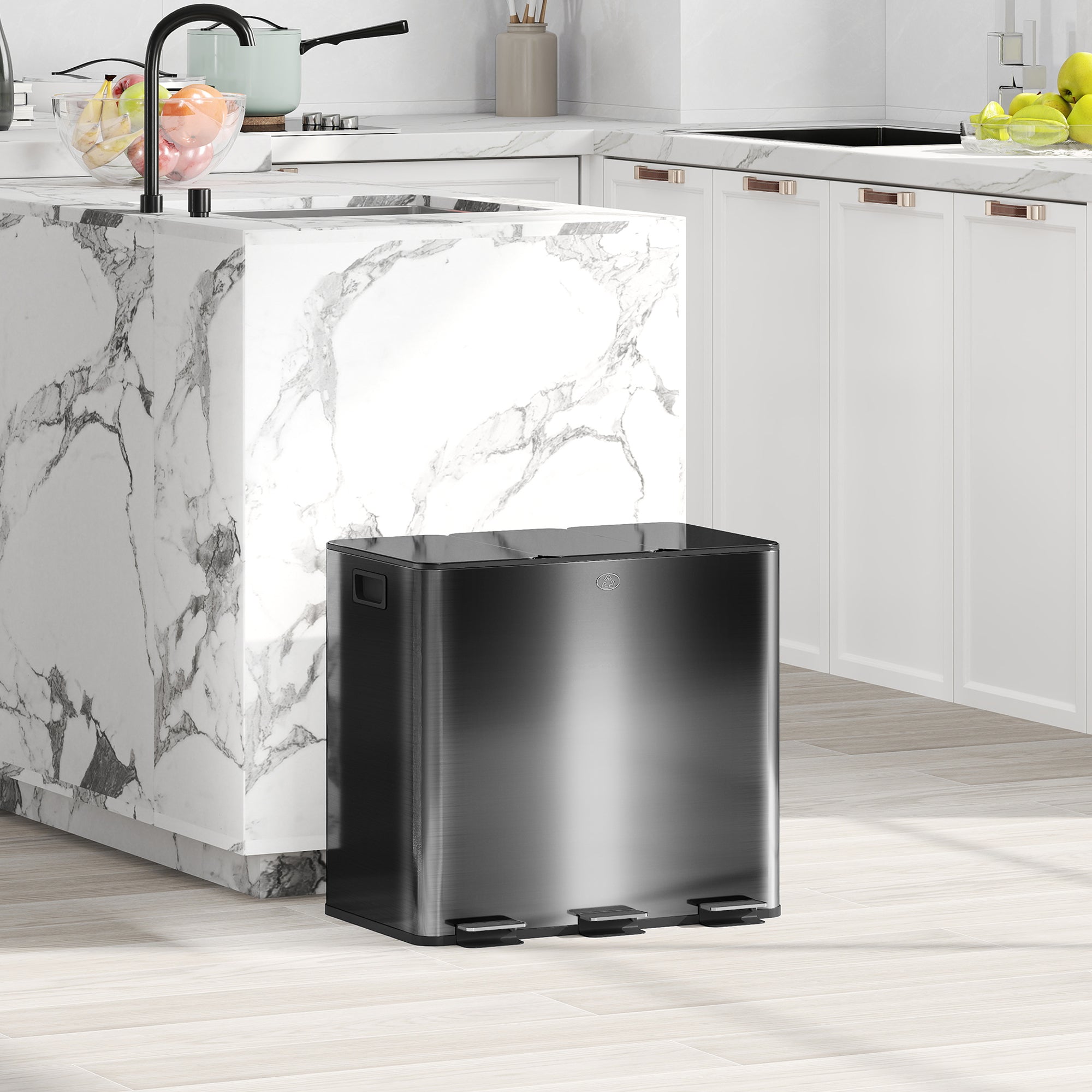 HOMCOM 3 x 15L Pedal Bin, Steel Triple Kitchen Bin with Soft Close Lid, Removable Inner Buckets, Fingerprint-Proof, Black - North Peak Garden Furniture