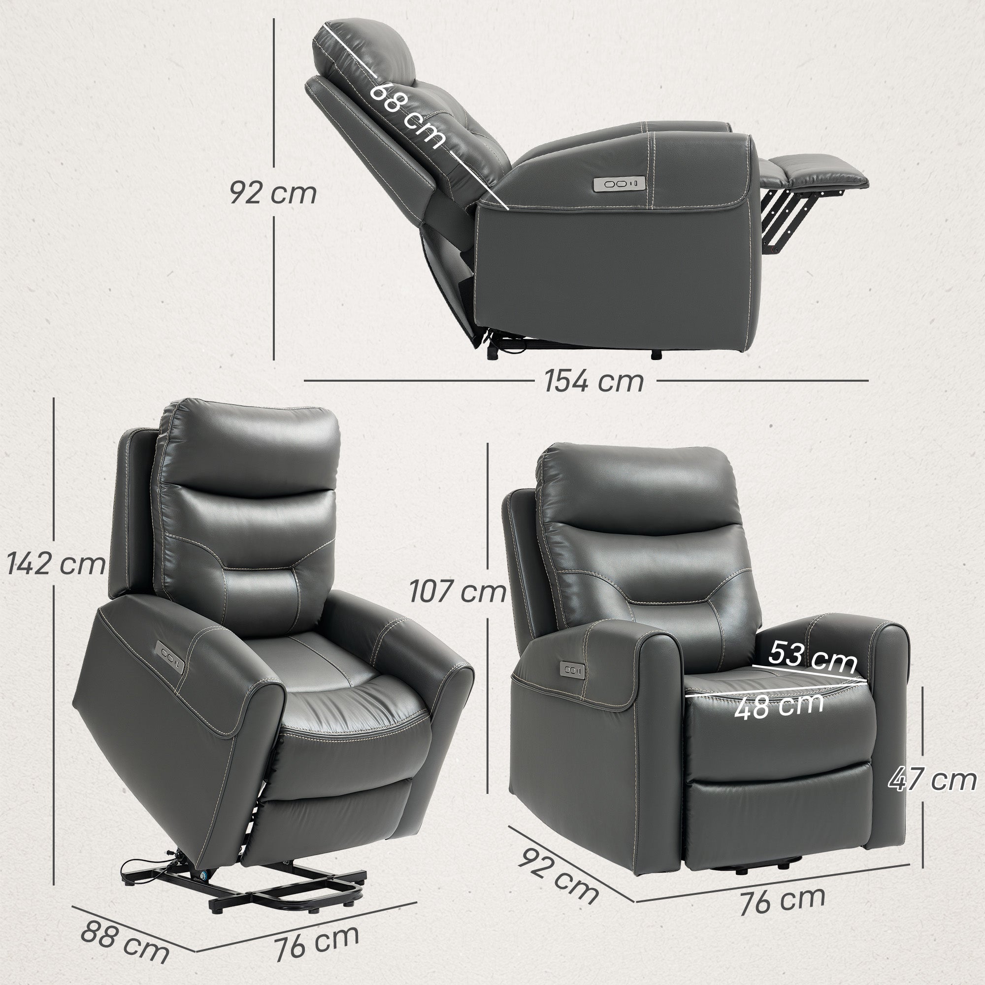HOMCOM Power Lift Recliner Chair for Elderly, Overstuffed Faux Leather Riser and Reclining Chair with USB A+C Ports, Remote Control, Recliner Armchair for Living Room, Charcoal Grey - North Peak Garden Furniture