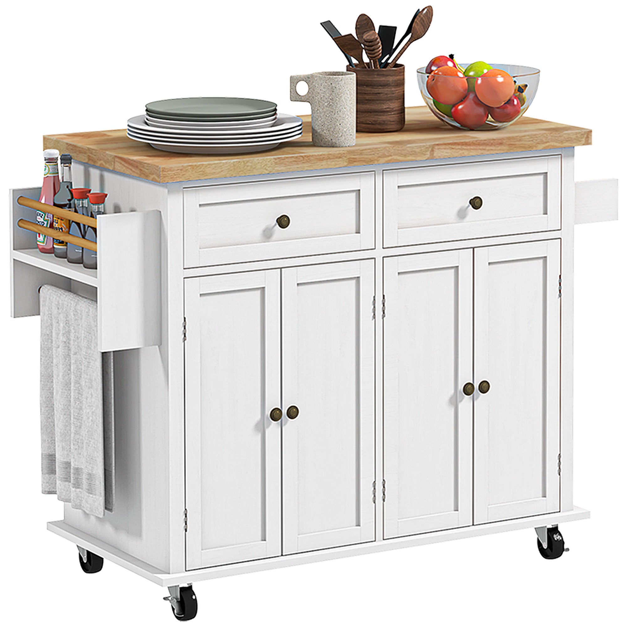 HOMCOM Rolling Kitchen Island Storage Trolley with Rubber Wood Top & Drawers for Dining Room, White - North Peak Garden Furniture