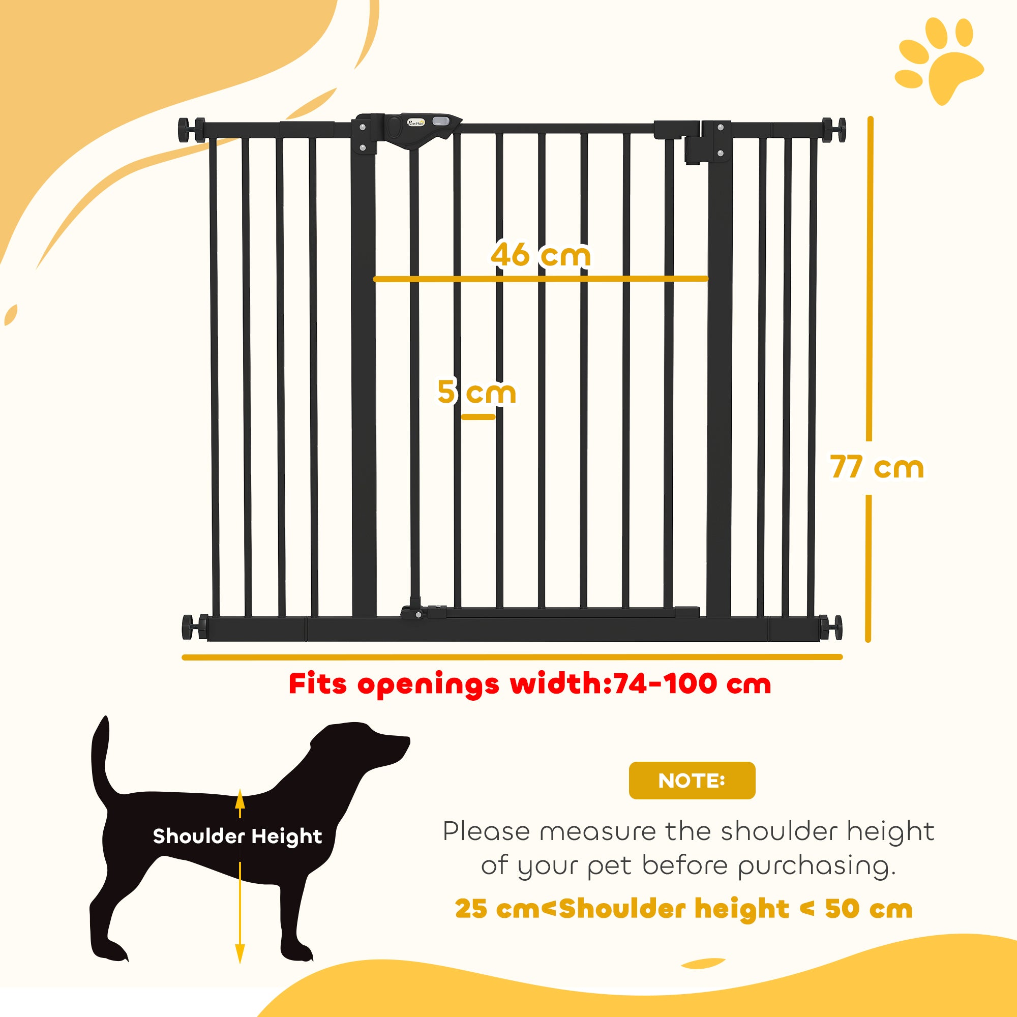 PawHut Metal 74-100cm Wide Adjustable Dog Gate Black - North Peak Garden Furniture