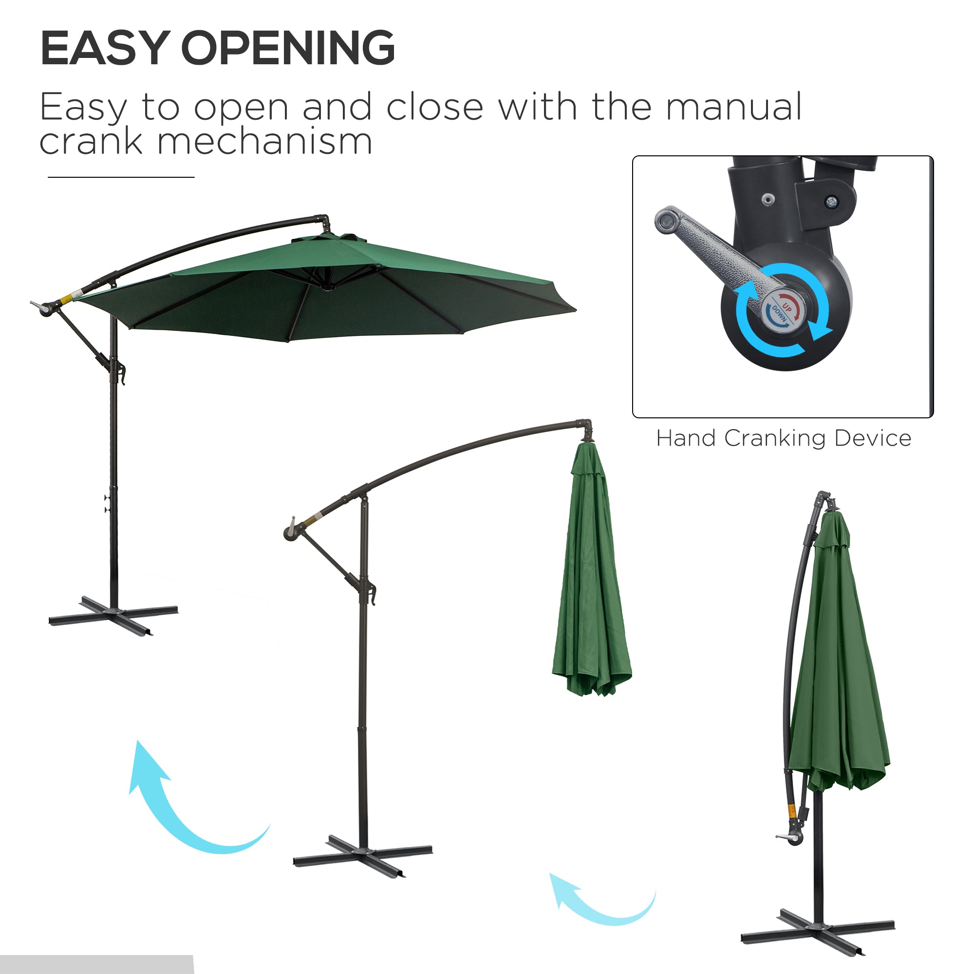 Outsunny 3(m) Banana Parasol Hanging Cantilever Umbrella with Crank Handle, 8 Ribs and Cross Base for Outdoor, Sun Shade, Dark Green - North Peak Garden Furniture