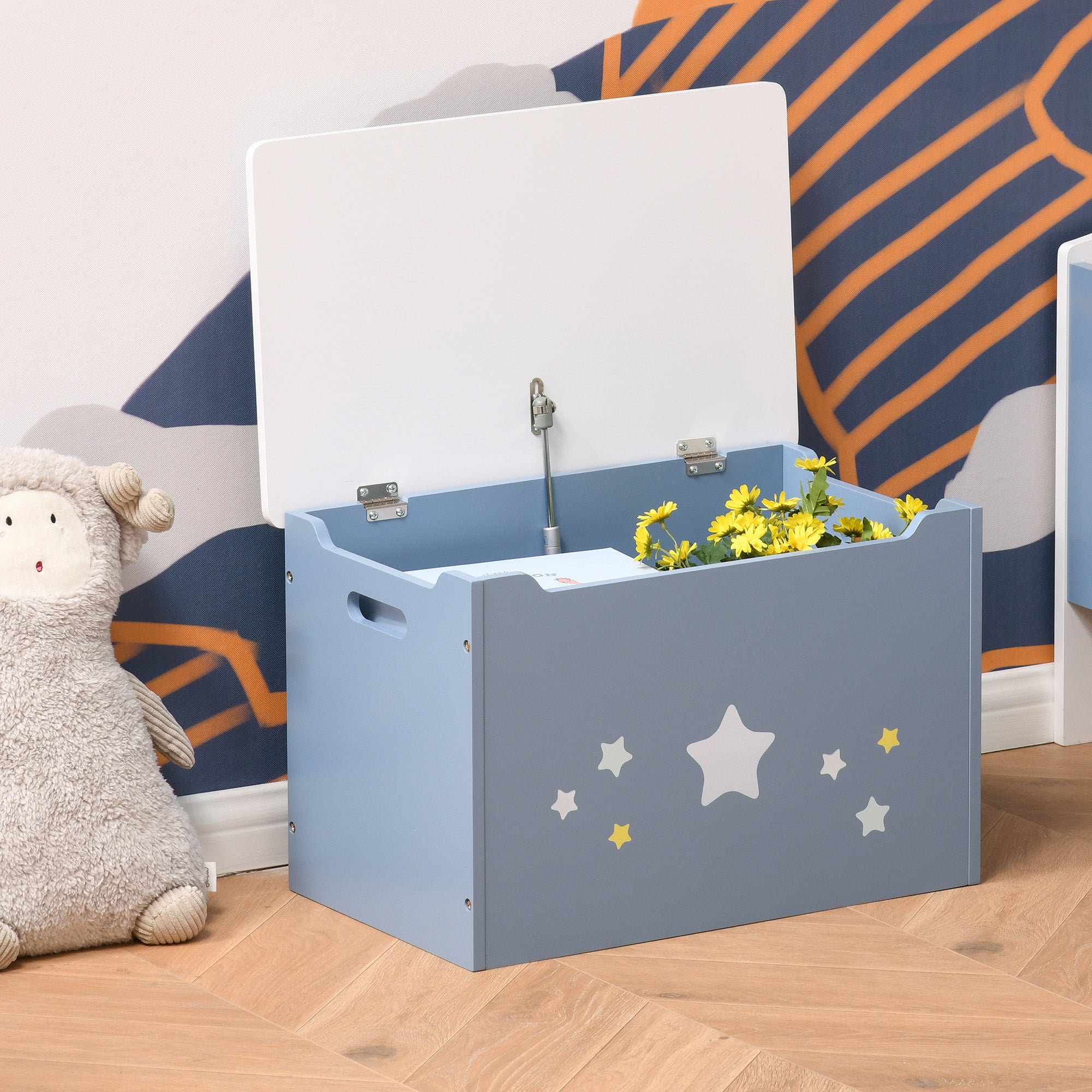 HOMCOM Kids Wooden Toy Box Children Storage Chest Organiser Side Handle Safety Hinge Play Room Furniture Blue - North Peak Garden Furniture