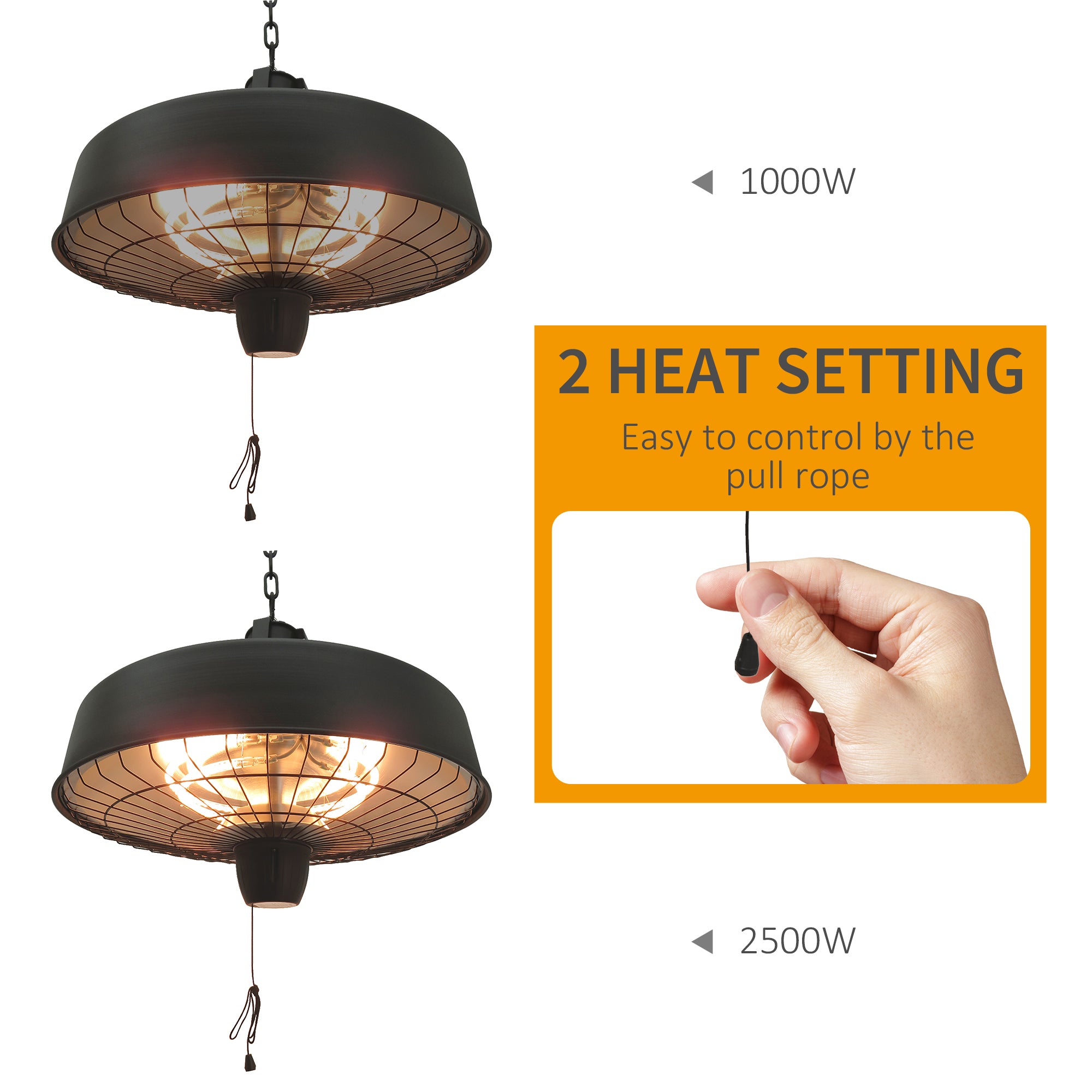 Outsunny Adjustable Power 1000/2500W Infrared Halogen Electric Patio Light Heater, Ceiling Hanging Mount -Black - North Peak Garden Furniture