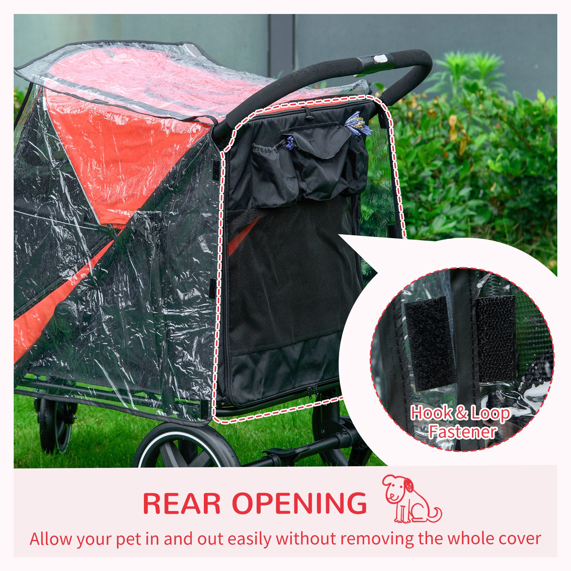 PawHut One-Click Foldable Pet Travel Stroller with Rain Cover, Cat Dog Pushchair with Universal Front Wheels, Shock Absorber, Storage Bags, Mesh Window, Safety Leash for Large and Medium Dogs (Red)