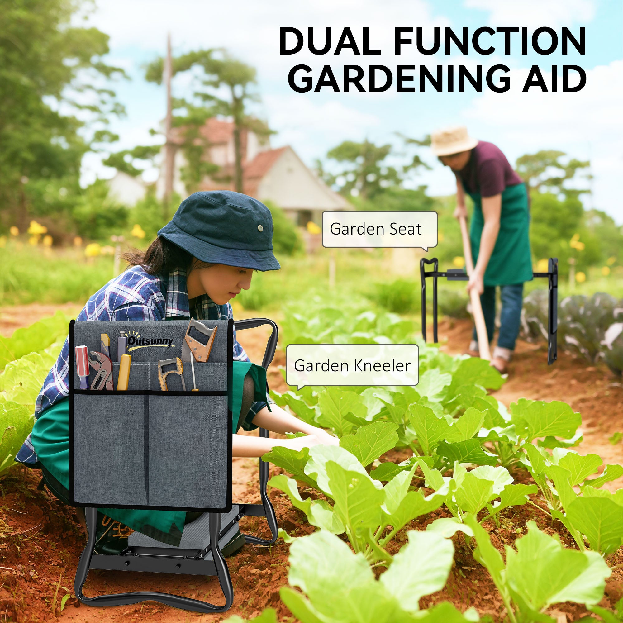 Outsunny 2 in 1 Garden Kneeler Seat, Kneeling Pad Support Bench, Foldable Knee Protector with Tool Bag, Grey - North Peak Garden Furniture