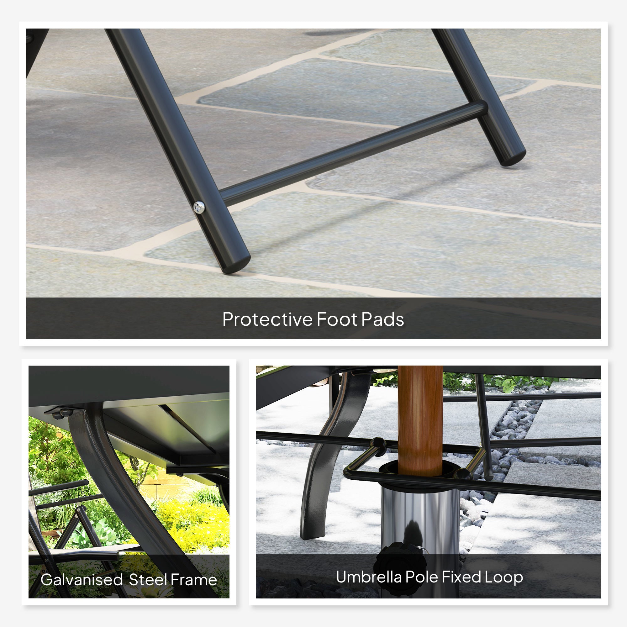 Outsunny Seven-Piece Steel Outdoor Dining Set, with Parasol Hole - Khaki - North Peak Garden Furniture
