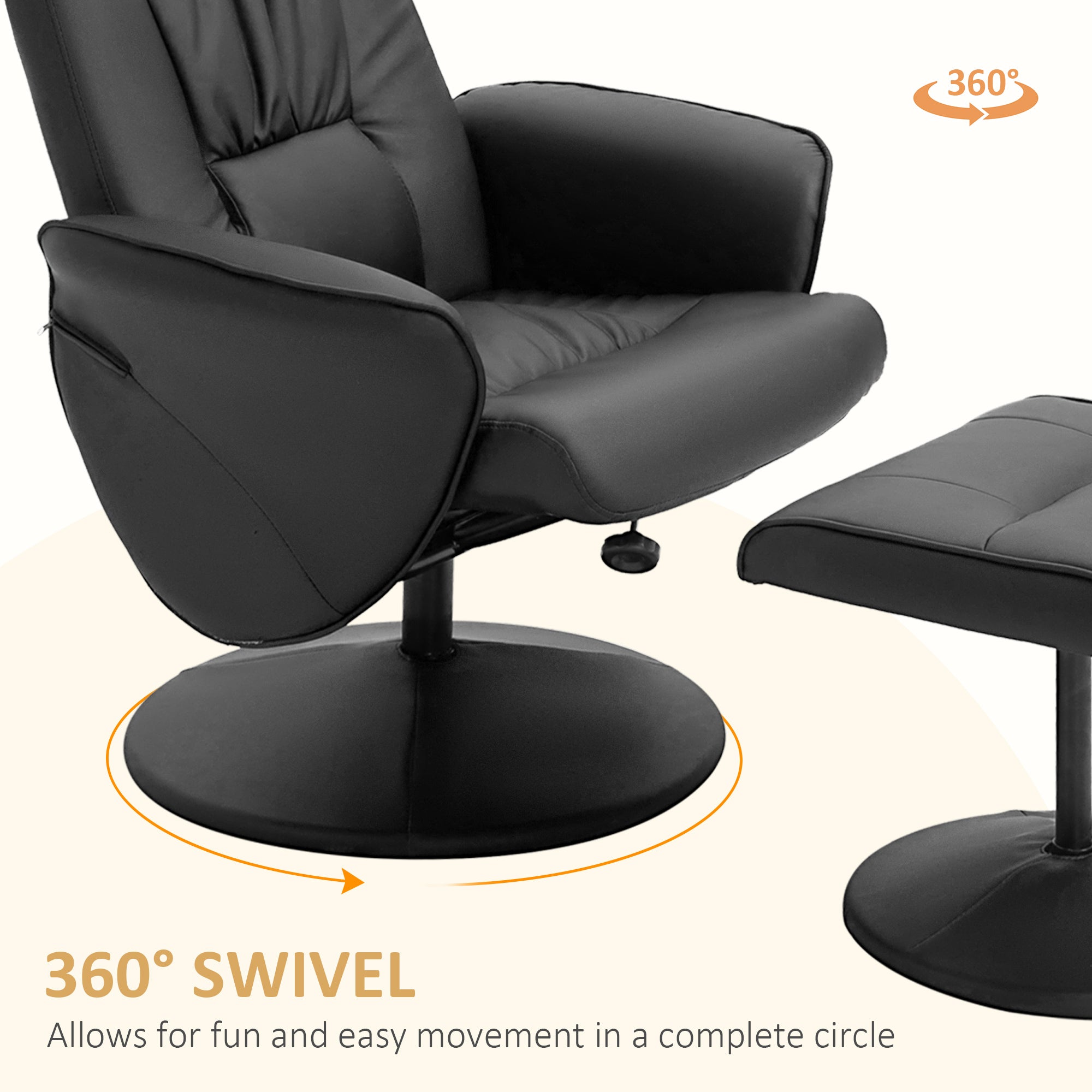 HOMCOM Swivel Recliner Chair with Footstool, PU Leather Armchair and Ottoman with High Back and Round Base for Living Room, Black - North Peak Garden Furniture